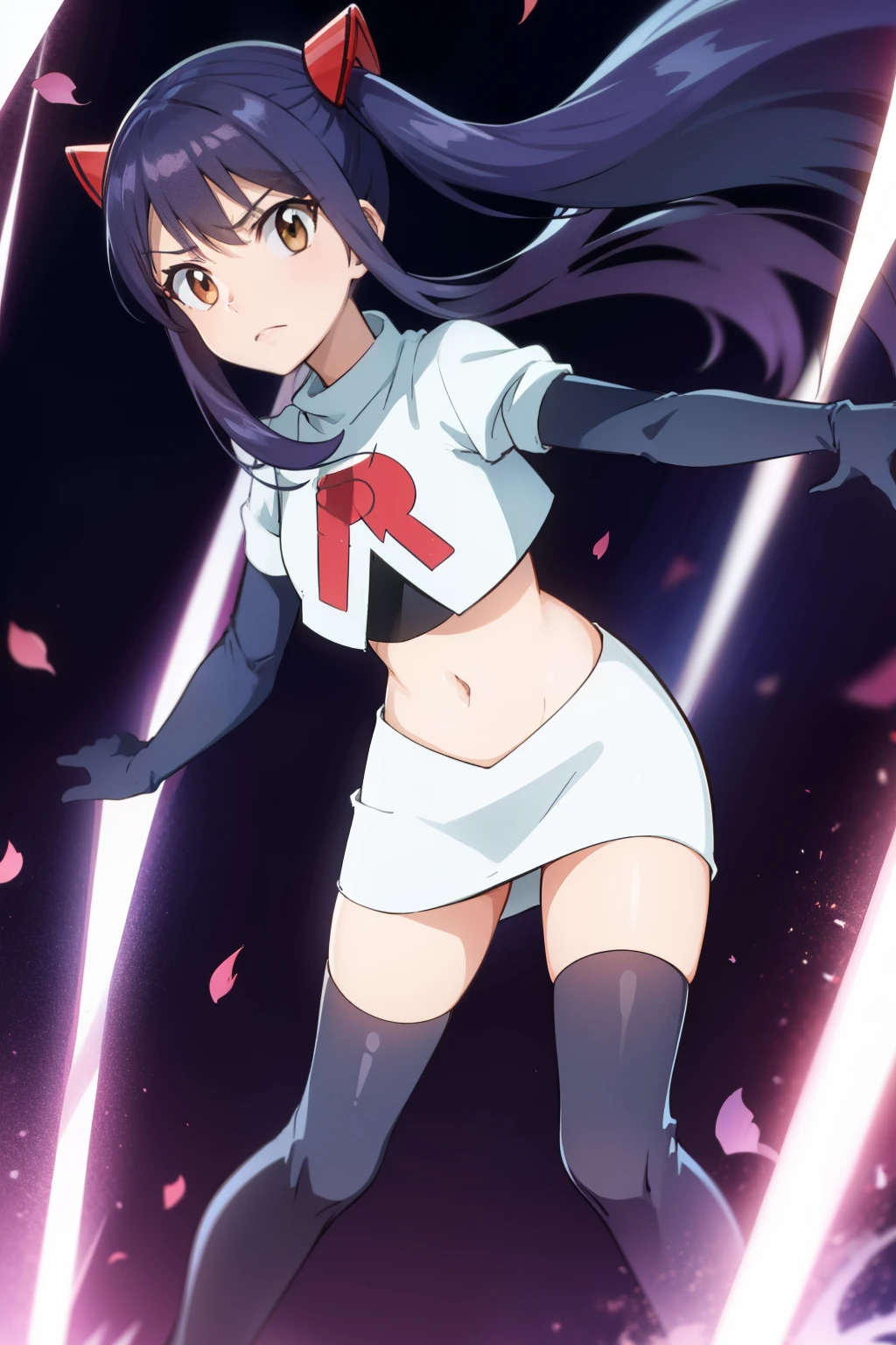 WENDY MARVELL, LONG HAIR, HAIR ORNAMENT, TWINTAILS, (BROWN EYES:1.2), BLUE HAIR, TATTOO, 1girl, solo, facing viewer, looking at viewer, team rocket uniform, red letter R, white skirt,white crop top,black thigh-highs,black elbow gloves