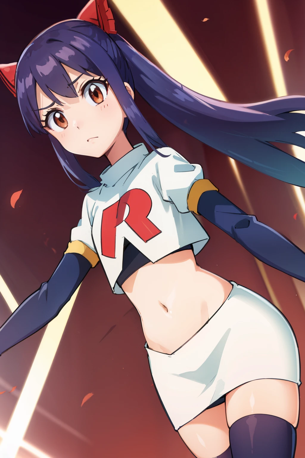 WENDY MARVELL, LONG HAIR, HAIR ORNAMENT, TWINTAILS, (BROWN EYES:1.2), BLUE HAIR, TATTOO, 1girl, solo, facing viewer, looking at viewer, team rocket uniform, red letter R, white skirt,white crop top,black thigh-highs,black elbow gloves