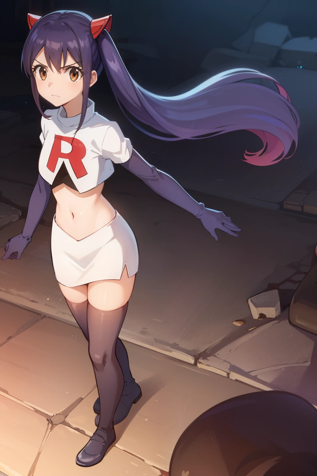 WENDY MARVELL, LONG HAIR, HAIR ORNAMENT, TWINTAILS, (BROWN EYES:1.2), BLUE HAIR, TATTOO, 1girl, solo, facing viewer, looking at viewer, team rocket uniform, red letter R, white skirt,white crop top,black thigh-highs,black elbow gloves