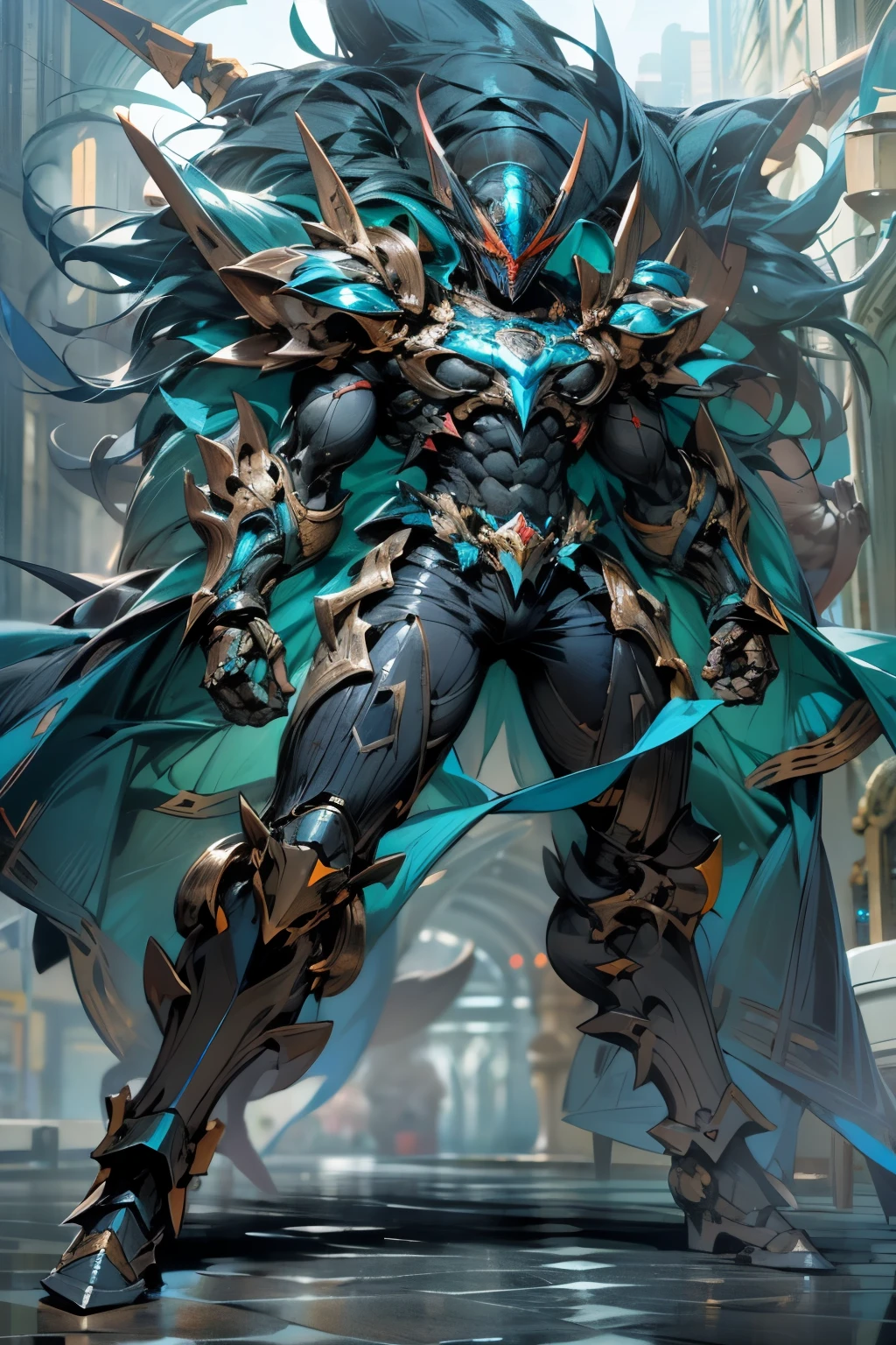 1 dark-skinned Haitian male kamen rider, two-tone black-and-blue jewel encrusted armor, semi-mechanical, partially armor, stagbeetle superhero, athletic build, heavy metal, mechanical marvel, guardian, dark hero, anti hero, bloody pacifist, absurdres, high resolution, ultrasharp, 8k, masterpiece
