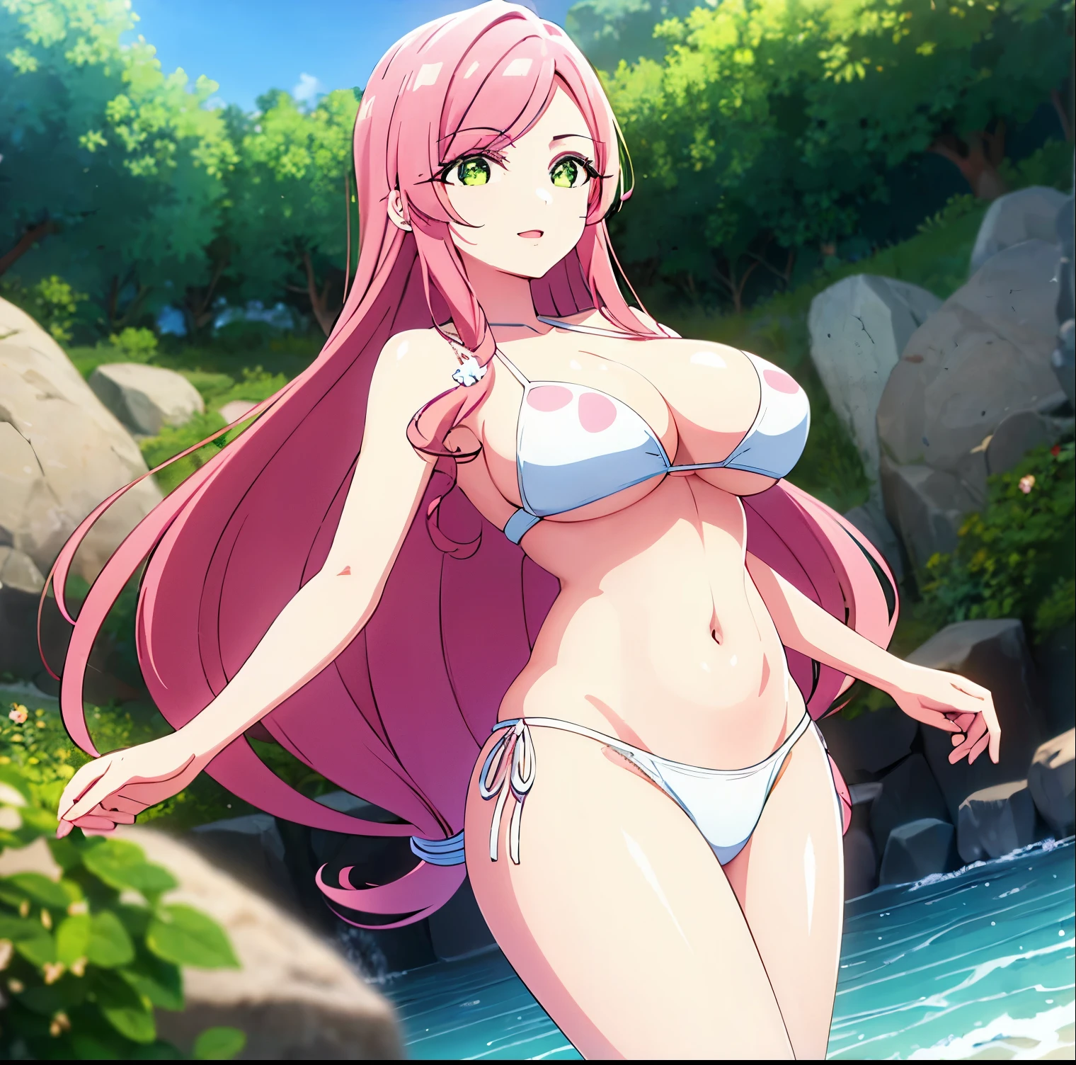 1girl, alone,hahari hanazono, long hair, bangs, (green eyes:1.2), pink hair, flower, hair flower, smile, (bikini:1.5), outdoors, beach, looking at viewer, (masterpiece:1.2), best quality, high resolution, unity 8k wallpaper, (illustration:0.8), green eyes,(beautiful detailed eyes:1.6), extremely detailed face, perfect lighting, extremely detailed CG, (perfect hands, perfect anatomy),large breasts, medium waist, wide hips, medium thighs