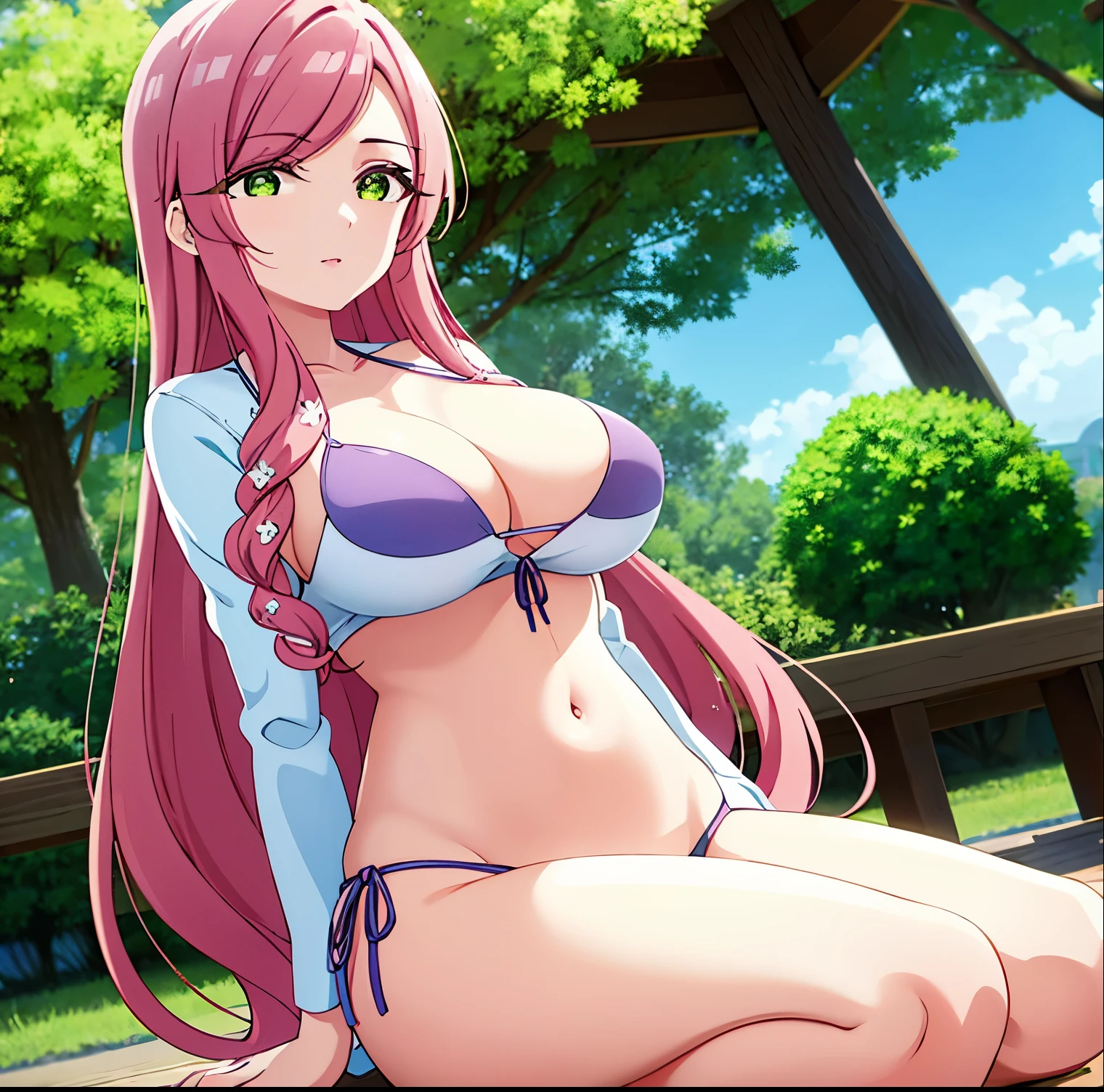 1girl, alone,hahari hanazono, long hair, bangs, (green eyes:1.2), pink hair, flower, hair flower, smile, (bikini:1.5), outdoors, beach, looking at viewer, (masterpiece:1.2), best quality, high resolution, unity 8k wallpaper, (illustration:0.8), green eyes,(beautiful detailed eyes:1.6), extremely detailed face, perfect lighting, extremely detailed CG, (perfect hands, perfect anatomy),large breasts, medium waist, wide hips, medium thighs