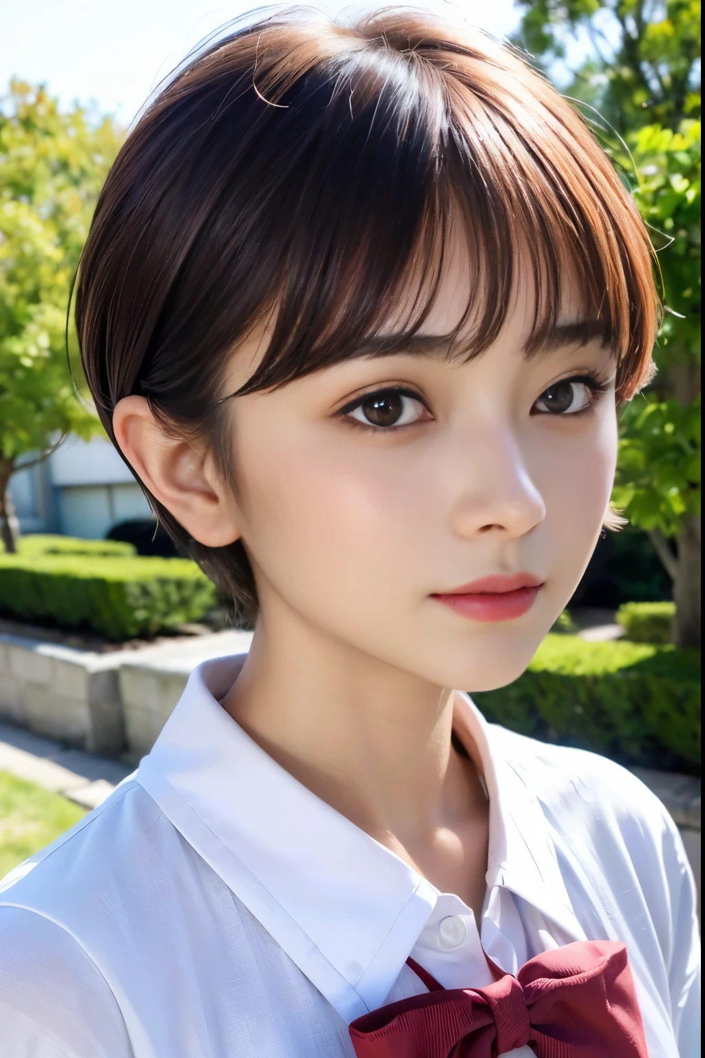 ((top-quality)),(masterpiece:1.4),Raw photography,8K,((Top image quality)), ((Top resolution)),Beautiful face in every detail,Very detailed,Gentle expression,(One lady:1.3 ),realisitic,photo realisitic,(Bery short hair:1.4),(Beautuful Women),(cute Japanese girls:1.3),(mannish),((Pretty Woman)),(Beautiful hair),((dark brown hair)),(((Red cheeks))),((Her eyes are big)),20-year-old beauty,(her face is small:1.7),small head,((long neck)),pale skin,Spot-free skin,With bangs,Everyone longs for,Japanese Beautuful Women,(eight heads tall),(dress shirt),((bow ribbon)),((School uniform)),High School Girl Uniform,smil
