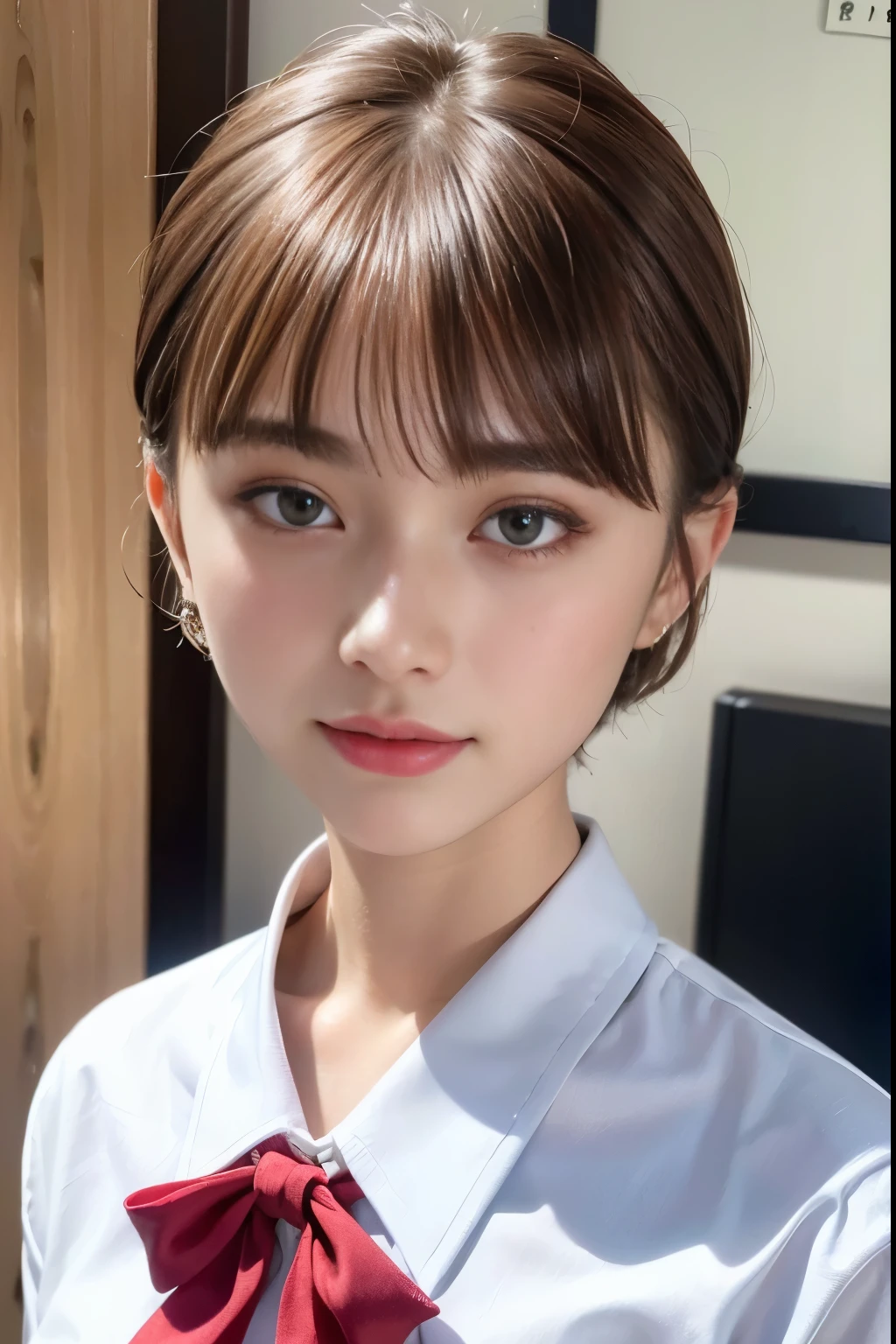 ((top-quality)),(masterpiece:1.4),Raw photography,8K,((Top image quality)), ((Top resolution)),Beautiful face in every detail,Very detailed,Gentle expression,(One lady:1.3 ),realisitic,photo realisitic,(Bery short hair:1.4),(Beautuful Women),(cute Japanese girls:1.3),(mannish),((Pretty Woman)),(Beautiful hair),((dark brown hair)),(((Red cheeks))),((Her eyes are big)),20-year-old beauty,(her face is small:1.7),small head,((long neck)),pale skin,Spot-free skin,With bangs,Everyone longs for,Japanese Beautuful Women,(eight heads tall),(dress shirt),((bow ribbon)),((School uniform)),High School Girl Uniform,smil
