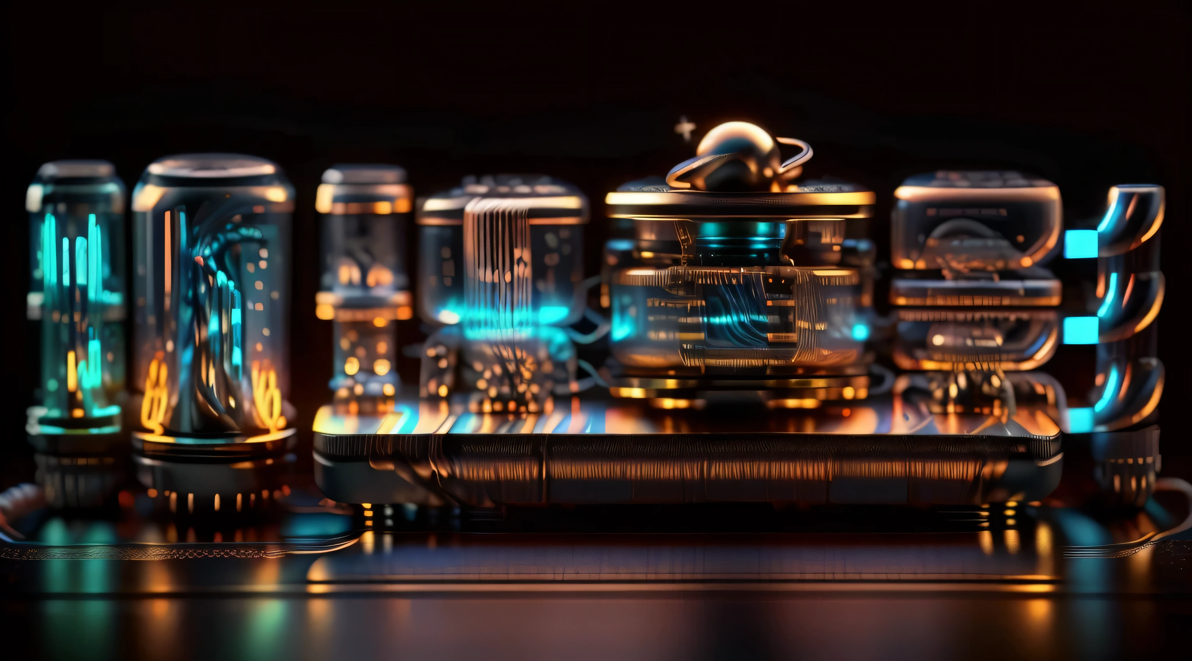 simple background,masterpiece,best quality,super detailed,microphone,vacuum tube,chip,button,Effect,data cable,Engraved pattern,chip组成的文字,glow in the dark,electronic,earphone,Colored lights