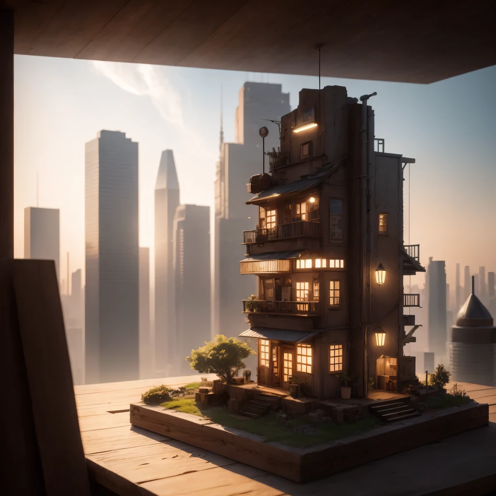 small realistic model, (8k, original photo, best quality, masterpiece:1.4),Steampunk Cyberpunk City,(Cyberpunk light:1.3),on the table,horizon (related to land),(in a small nature box:1.3),Isometric, small nature, landscape on foundation,landscape,