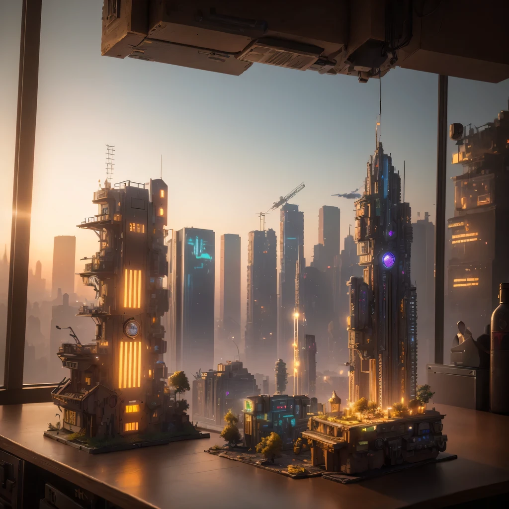 small realistic model, (8k, original photo, best quality, masterpiece:1.4),Steampunk Cyberpunk City,(Cyberpunk light:1.3),on the table,horizon (related to land),(in a small nature box:1.3),Isometric, small nature, landscape on foundation,landscape,