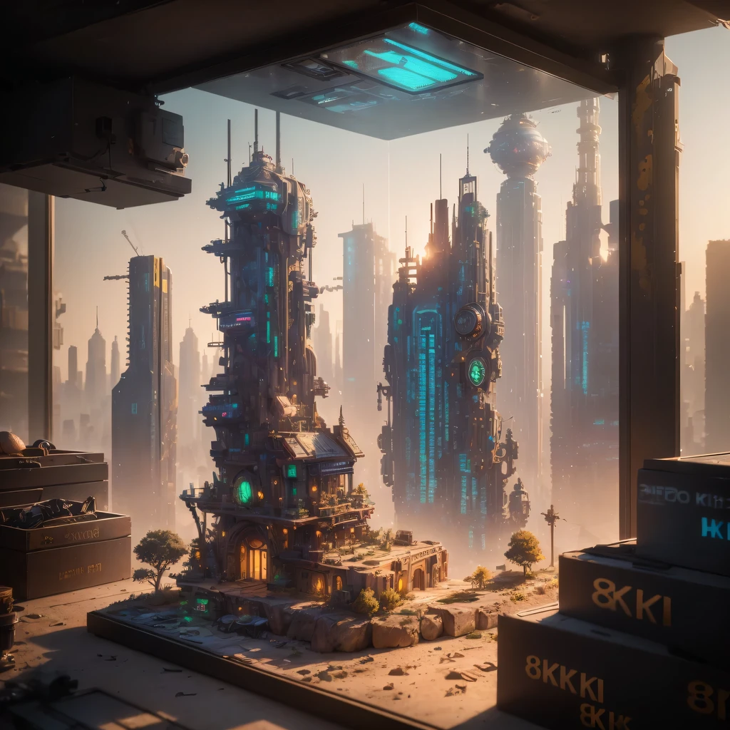 small realistic model, (8k, original photo, best quality, masterpiece:1.4),Steampunk Cyberpunk City,(Cyberpunk light:1.3),on the table,horizon (related to land),(in a small nature box:1.3),Isometric, small nature, landscape on foundation,landscape,
