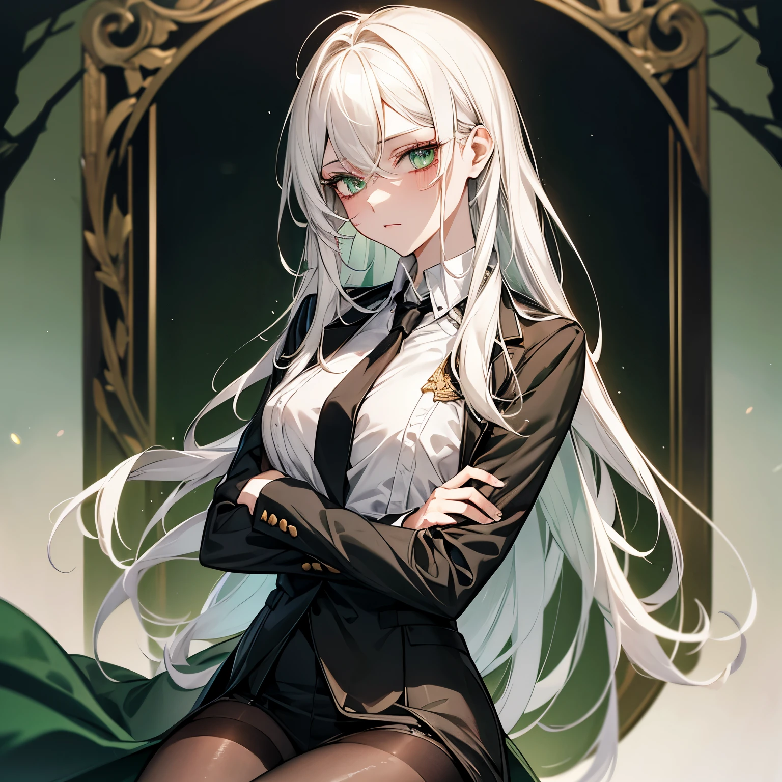 A pretty beautiful lady, green forest eyes and white hair, long hair, "White buttoned shirt", "Black blazer with a school logo", "Stockings", "Red necktie",  crossing her arms and looking at you in annoyance, a human, modern era, daylight, school, close up.