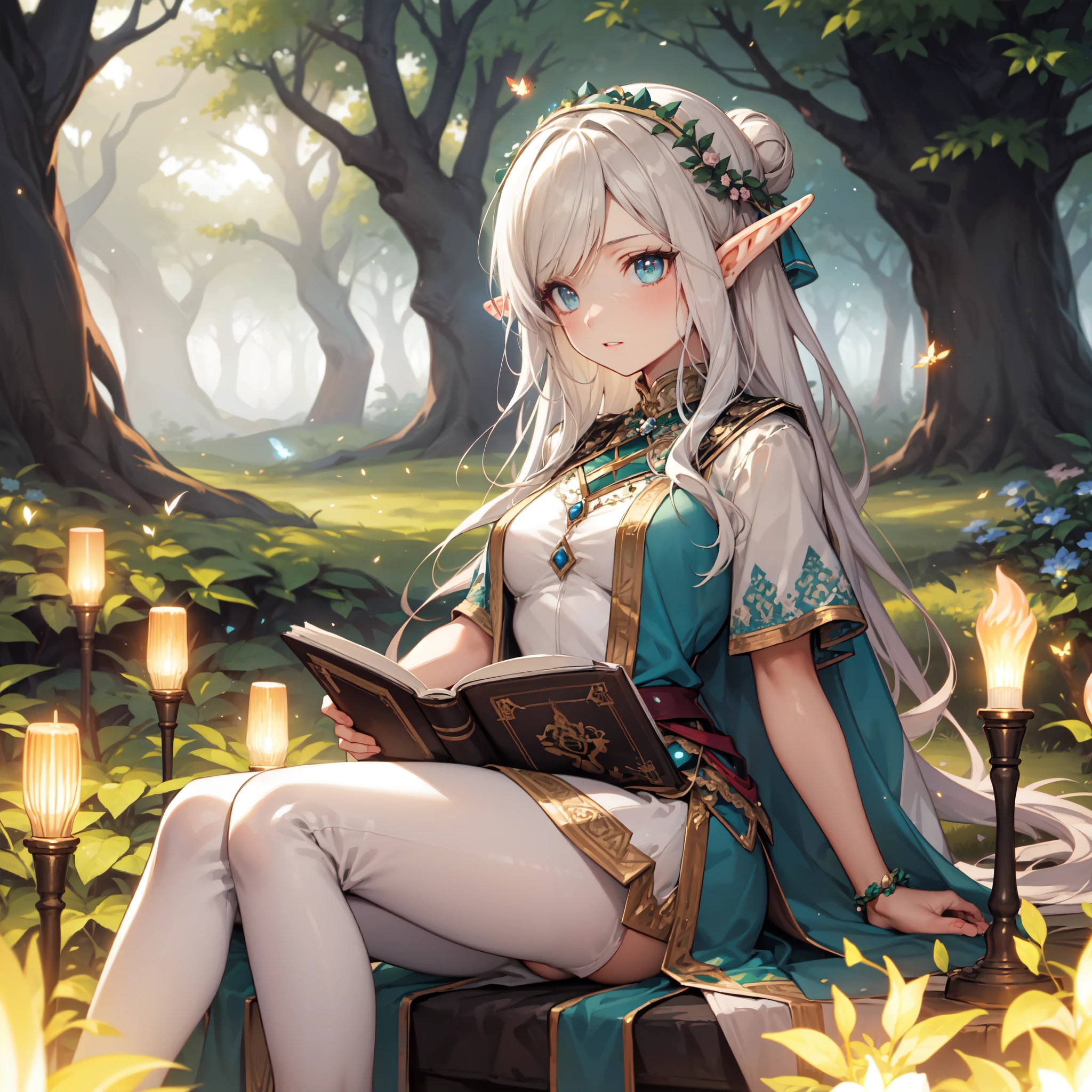 ((masterpiece)), (top quality), (best quality), ((ultra-detailed, 8k quality)), Cinematic lighting, soft semi-backlit light, (detailed line art), absurdres, (best composition), (high-resolution), Aesthetics,
BREAK,
A serene depiction of an elf leisurely sitting stump in a magical garden at twilight, The elf is engrossed in (reading:1.3) a leather-bound tome of elven poetry, while the fragrance of night-blooming flowers adds to the ethereal ambiance, adorned in intricate elven attire, Fantasy, (tranquil twilight:1.2), (magical garden setting:1.2), (firefly glow:1.25), (detailed elven features), [cinematic dramatic atmosphere], (mystical forest), (focused depth of field:1.2), (serene atmosphere:1.15)
BREAK,
highly detailed of ((elf:1.4)), (1girl), solo, perfect face, details eye, hair Bun, (hime cut, bangs:1.2), (white shining hair:1.2), blue eyes, shining eyes, (beautiful detailed eyelashes, eyeshadow, pink eyeshadow),  serious, Concept art by Mikimoto Haruhiko, by Kawacy, By Yoshitaka Amano,
BREAK, 
((perfect anatomy)), perfect body, Abs, (medium breast), perfect hands, perfect face, beautiful face, beautiful eyes, perfect eyes, (perfect fingers, deatailed fingers), correct anatomy, perfect legs, 