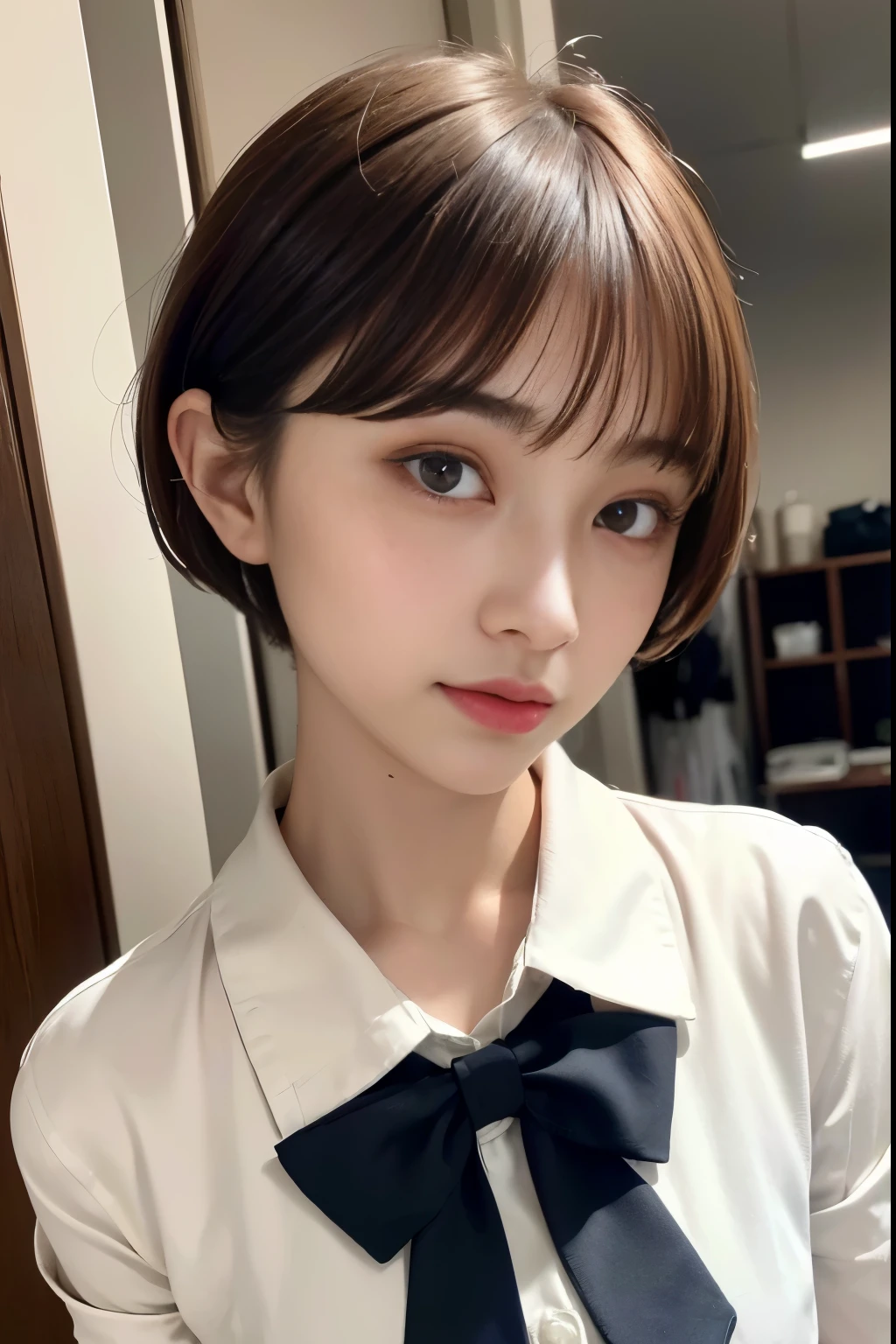 ((top-quality)),(masterpiece:1.4),Raw photography,8K,((Top image quality)), ((Top resolution)),Beautiful face in every detail,Very detailed,Gentle expression,(One lady:1.3 ),realisitic,photo realisitic,(Bery short hair:1.4),(Beautuful Women),(cute Japanese girls:1.3),(mannish),((Pretty Woman)),(Beautiful hair),((dark brown hair)),(((Red cheeks))),((Her eyes are big)),20-year-old beauty,(her face is small:1.7),small head,((long neck)),pale skin,Spot-free skin,With bangs,Everyone longs for,Japanese Beautuful Women,(eight heads tall),(dress shirt),((bow ribbon)),((School uniform)),High School Girl Uniform,smil