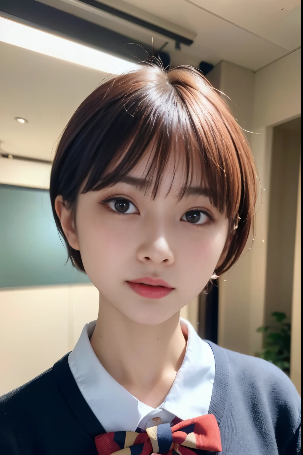 ((top-quality)),(masterpiece:1.4),Raw photography,8K,((Top image quality)), ((Top resolution)),Beautiful face in every detail,Very detailed,Gentle expression,(One lady:1.3 ),realisitic,photo realisitic,(Bery short hair:1.4),(Beautuful Women),(cute Japanese girls:1.3),(mannish),((Pretty Woman)),(Beautiful hair),((dark brown hair)),(((Red cheeks))),((Her eyes are big)),20-year-old beauty,(her face is small:1.7),small head,((long neck)),pale skin,Spot-free skin,With bangs,Everyone longs for,Japanese Beautuful Women,(eight heads tall),(dress shirt),((bow ribbon)),((School uniform)),High School Girl Uniform,smil