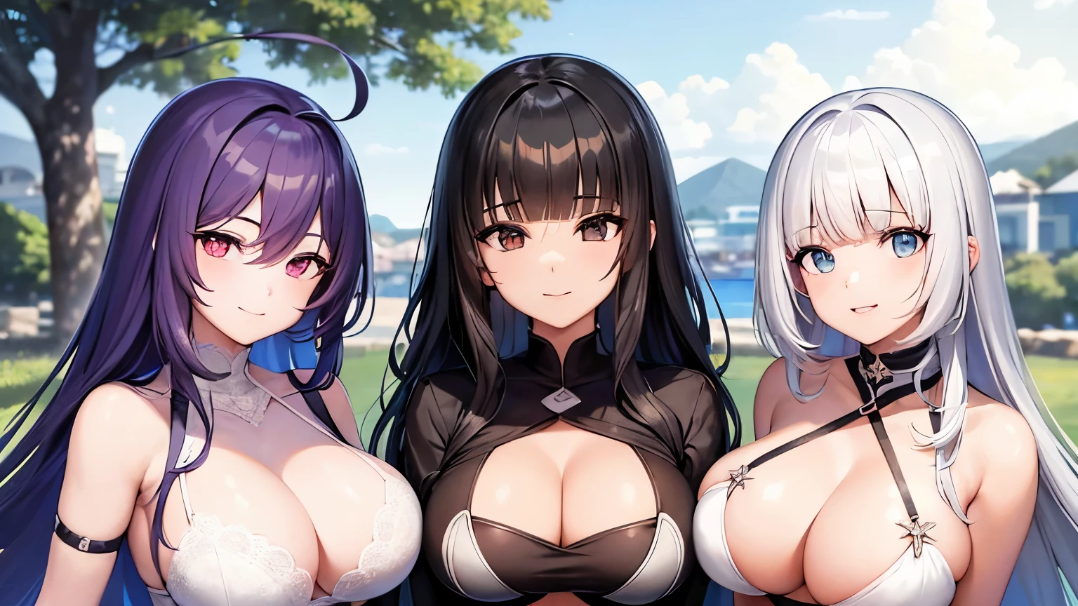 3 garotas com seios grandes, anime, preto e branco, (olhando para o espectador:1), (ulzzang-6500:0.66), Coxas, apenas legs, luz solar manchada, melhor qualidade, ultra high resolution, (photorealista:1.4), YaeMiko, (sorriso:1), apenas_ombros, cabelo_enfeite, roxo_olhos, , separado_mangas, , detailed olhos,, (light sorriso:1), , (seios pequenos:1.4), , (apenas upper body:1.4), , (mamilos inchados:1),, enforcando o homem no meio com os seios das 3 garotas