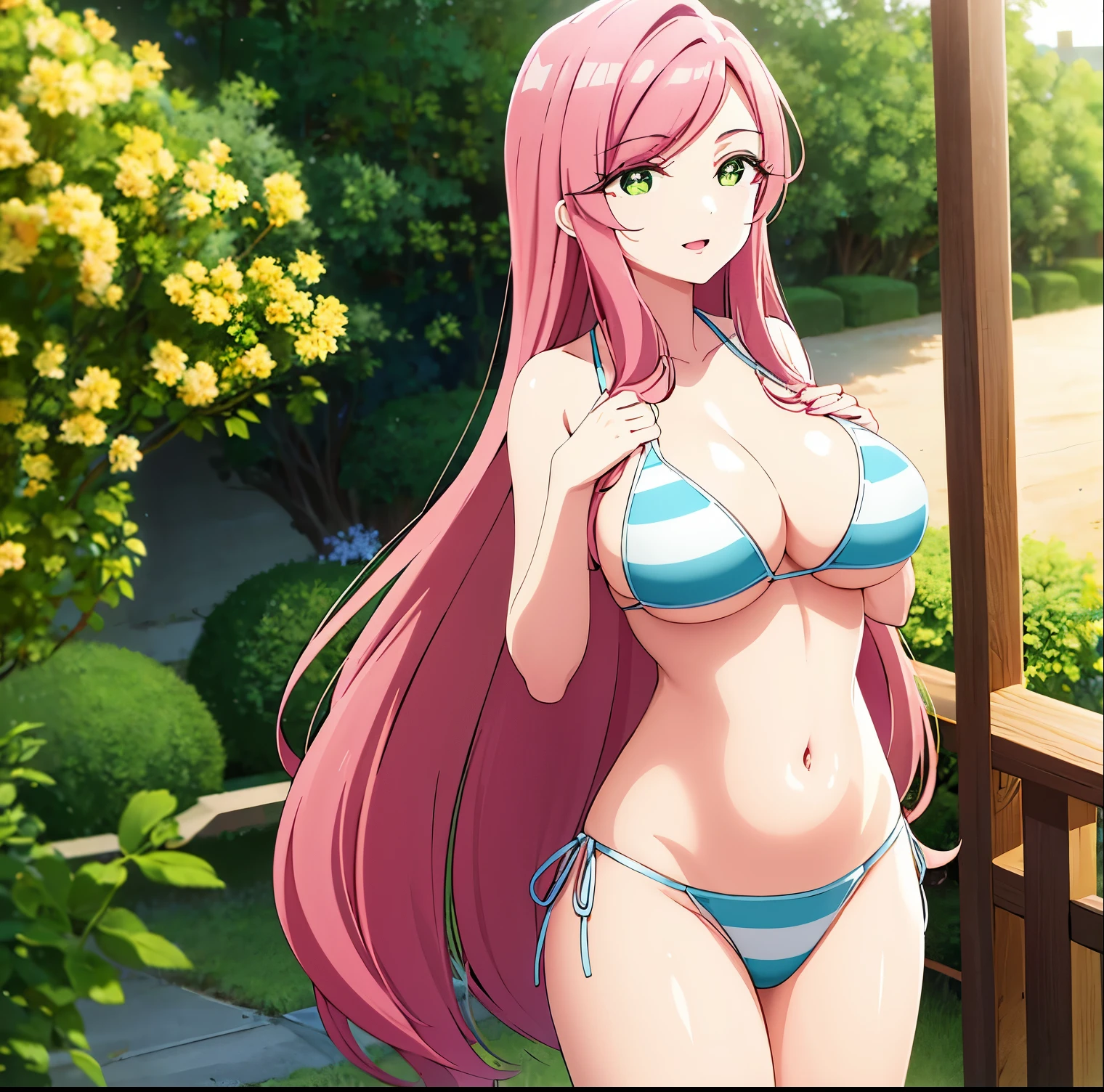 1girl, alone,hahari hanazono, long hair, bangs, (green eyes:1.2), pink hair, flower, hair flower, smile, (bikini:1.5), outdoors, beach, looking at viewer, (masterpiece:1.2), best quality, high resolution, unity 8k wallpaper, (illustration:0.8), green eyes,(beautiful detailed eyes:1.6), extremely detailed face, perfect lighting, extremely detailed CG, (perfect hands, perfect anatomy),large breasts, medium waist, wide hips, medium thighs