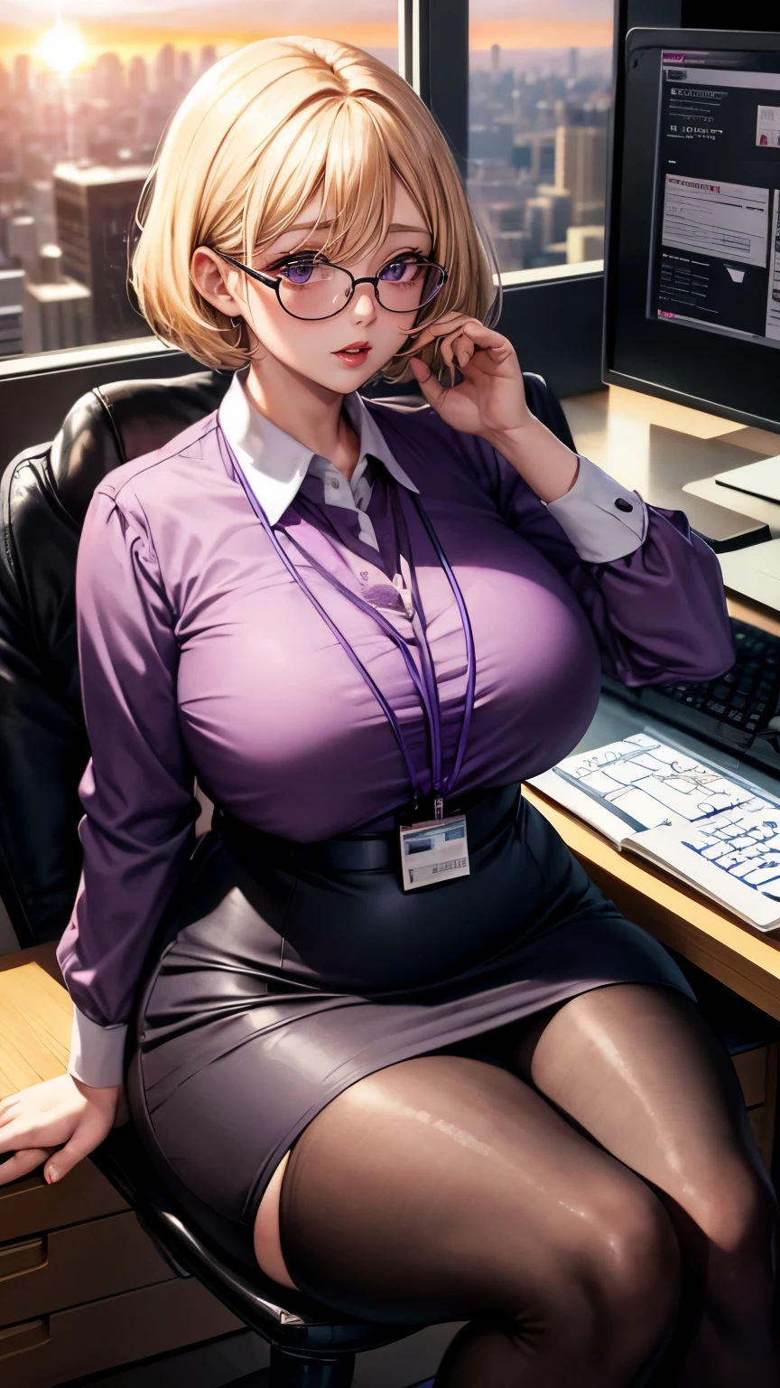Blonde Shorthair Glasses Purple blouse black tight skirt stockings (lanyard id card) 50 years old red rouge plump lips round face Plump back view (eyecontact) Sitting at a computer desk in an office in a high-rise building, I turn around. sunset A talented female secretary who gives advice