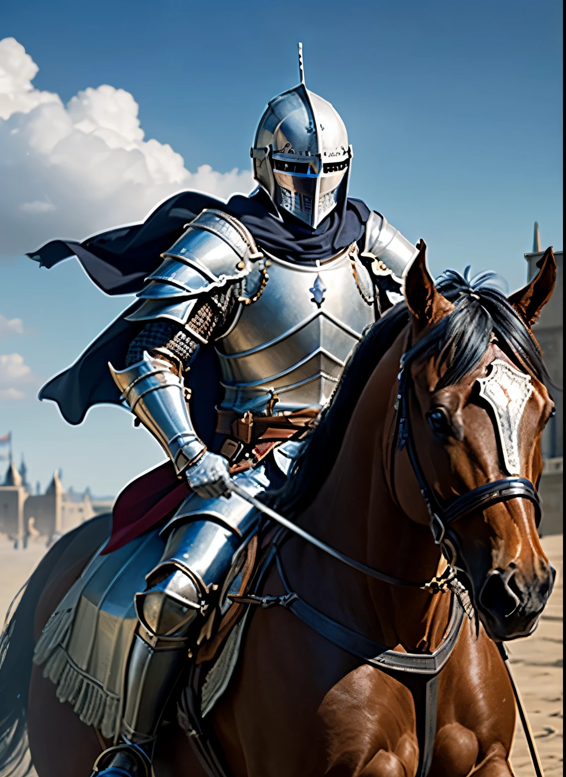 Masterpiece, best quality, ultra detailed, 8k, !(a close up of a person on a horse with a helmet on, knight on horseback, heavy cavalry, blue and ice silver color armor, armored knight, fantasy knight, wearing shining armor, (((knight))), shining plate armor, medieval knight, silver armor, knight, shinning armor, knight armor, white plated armor, heroes of might and magic 3, teutonic knight)