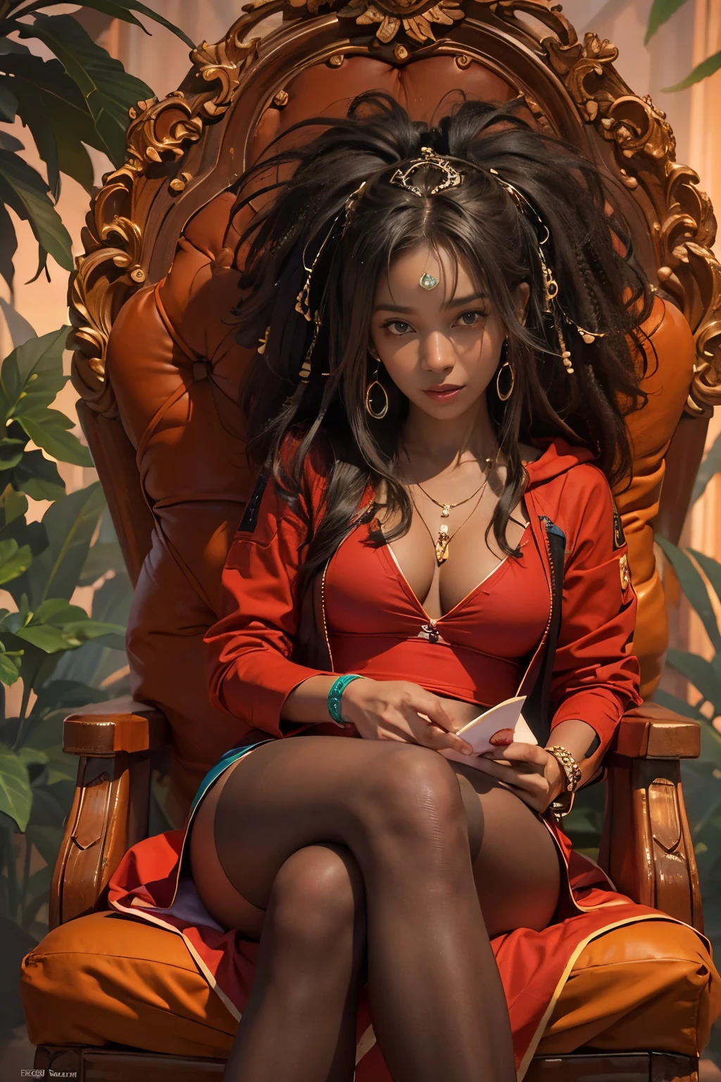 ((Benevolent voluptuous ((dark-skinned Caribbean)) mother)) with (long curly red hair) sitting in an opulent throne while reading a popular manga, (wearing a short cropped blue-and-red hoodie with Sewn-in detailing), cannabis tattoos on arms and legs, (wearing bracelets and thigh high stockings), plump thighs, high quality photo, sitting in the middle of the (dense cannabis sativa beach) during golden hour