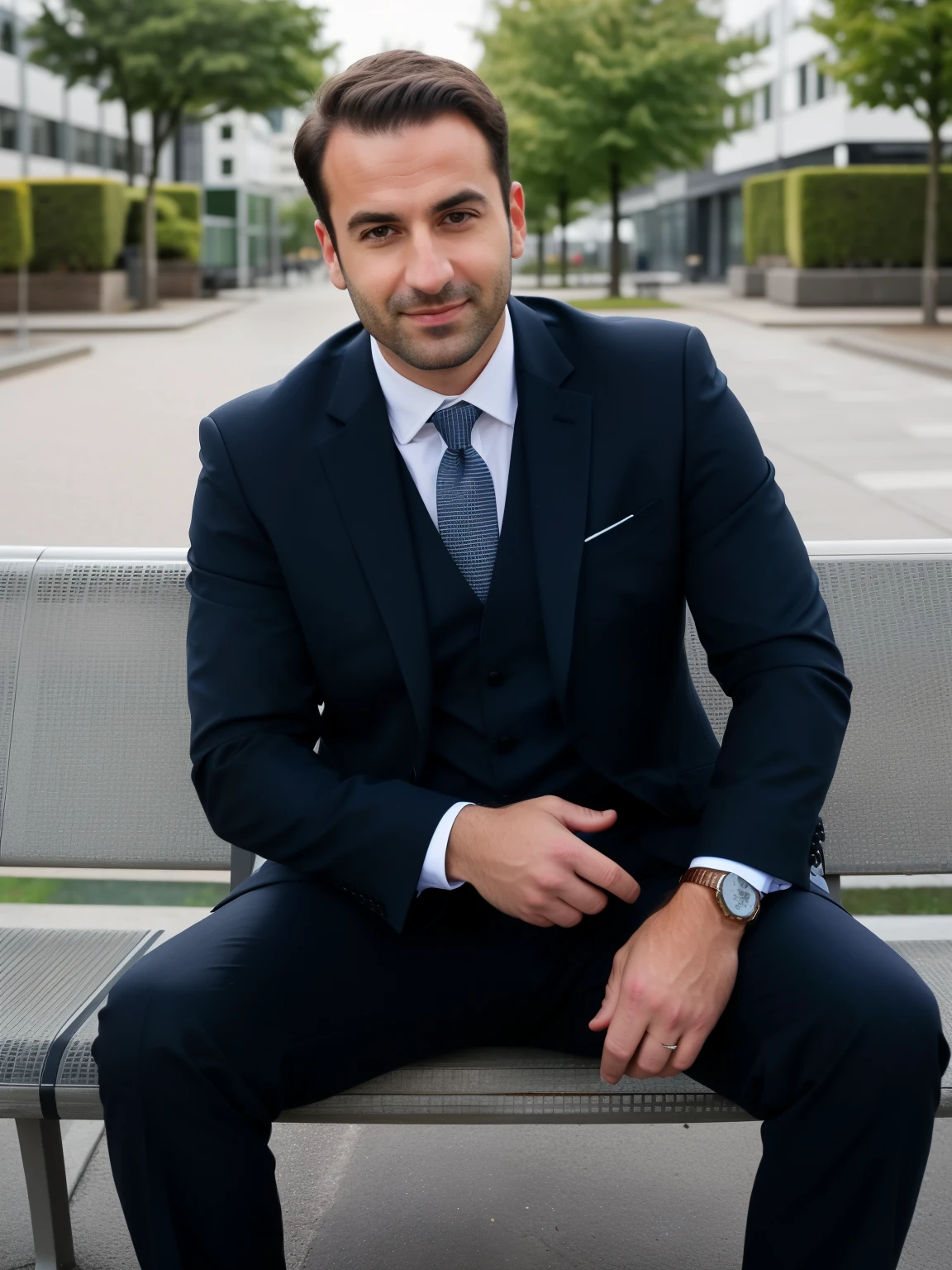 arafed man In einem Anzug sitting on a bench in a city, wearing dark Blauer Anzug, im strengen Anzug, mit Business-Anzug, dressed In einem Anzug, Blauer Anzug, Im strengen Anzug, einen Anzug tragen, In einem Anzug, Einen stilvollen Herrenanzug tragen, wears a business suit, Hochwertiger Anzug, einen Anzug tragen and a tie