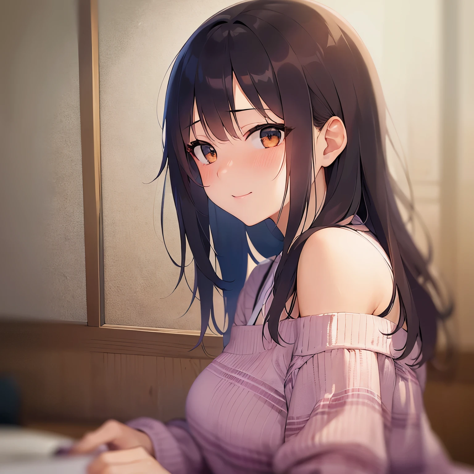 Placing hand on face, cinematic angle, real person, RAW photo, photorealistic, portrait photography, shiny skin, japanese idol, 前髪のある25歳の女性、(medium hair) and (brown hair) and (brown eyes), pink Off-shoulder Blouse, smile, (shy:1.2)、(blush:1.5), 背景はリビング、一人きり、上半身が写っている