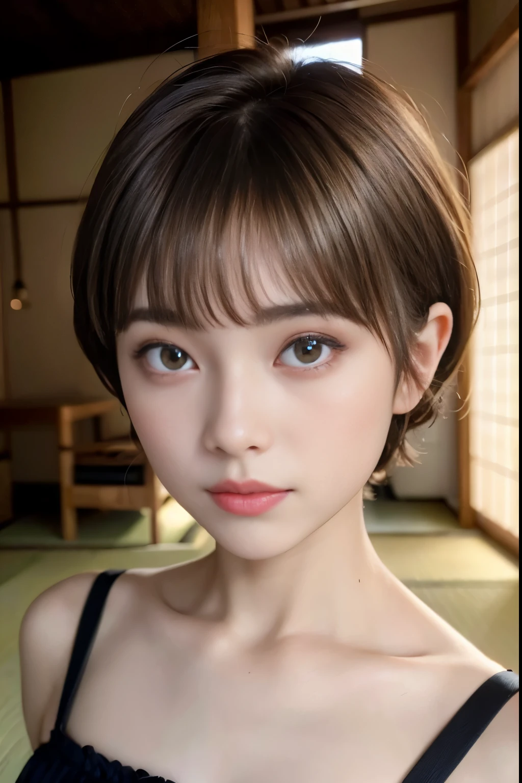 ((top-quality)),(masterpiece:1.4),Raw photography,8K,((Top image quality)), ((Top resolution)),Beautiful face in every detail,Very detailed,Gentle expression,(One lady:1.3 ),realisitic,photo realisitic,(Bery short hair:1.4),(Beautuful Women),(cute Japanese girls:1.3),(mannish),((Pretty Woman)),(Beautiful hair),((dark brown hair)),(((Red cheeks))),((Her eyes are big)),20-year-old beauty,(her face is small:1.7),small head,((long neck)),pale skin,Spot-free skin,With bangs,Everyone longs for,Japanese Beautuful Women,(eight heads tall),gothic lolita