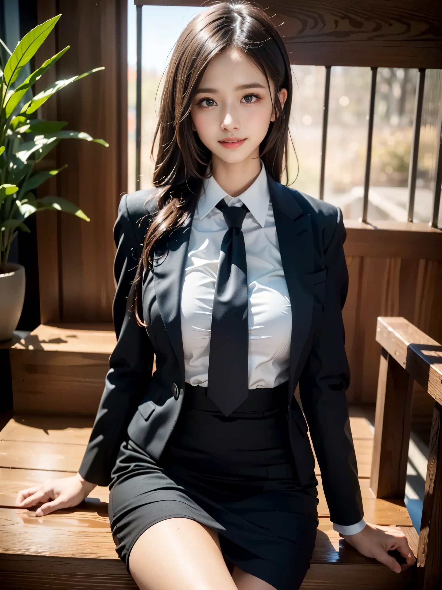 (best quality), (realistic, photo-realistic:1.3), (masterpiece:1.3), CG, unity, 32k, amazing, finely detail, ultra-detailed, highres, absurdres, ((ultra-detailed)), ((highly detailed CG illustration)), ((an extremely delicate and beautiful)), (cute delicate face), cinematic light, (1girl), solo, face focus, petals, night background, fireflies, light particle, Beautiful Woman, 25 years old, small breasts:1.3, Slender Figure: 1.1, Dark Brown Hair, (Sitting on the Stairs, outdoor), (business-suit and black pencil skirt:1.4), Ultra Detailed-stairs Face, Detailed Lips, Detailed Eyes, Symmetrical eyes, High ponytail hair, blue Necktie, Japanese idol:1.3, (blush, smile), portrait:1.3, sharp focus photo:1.3