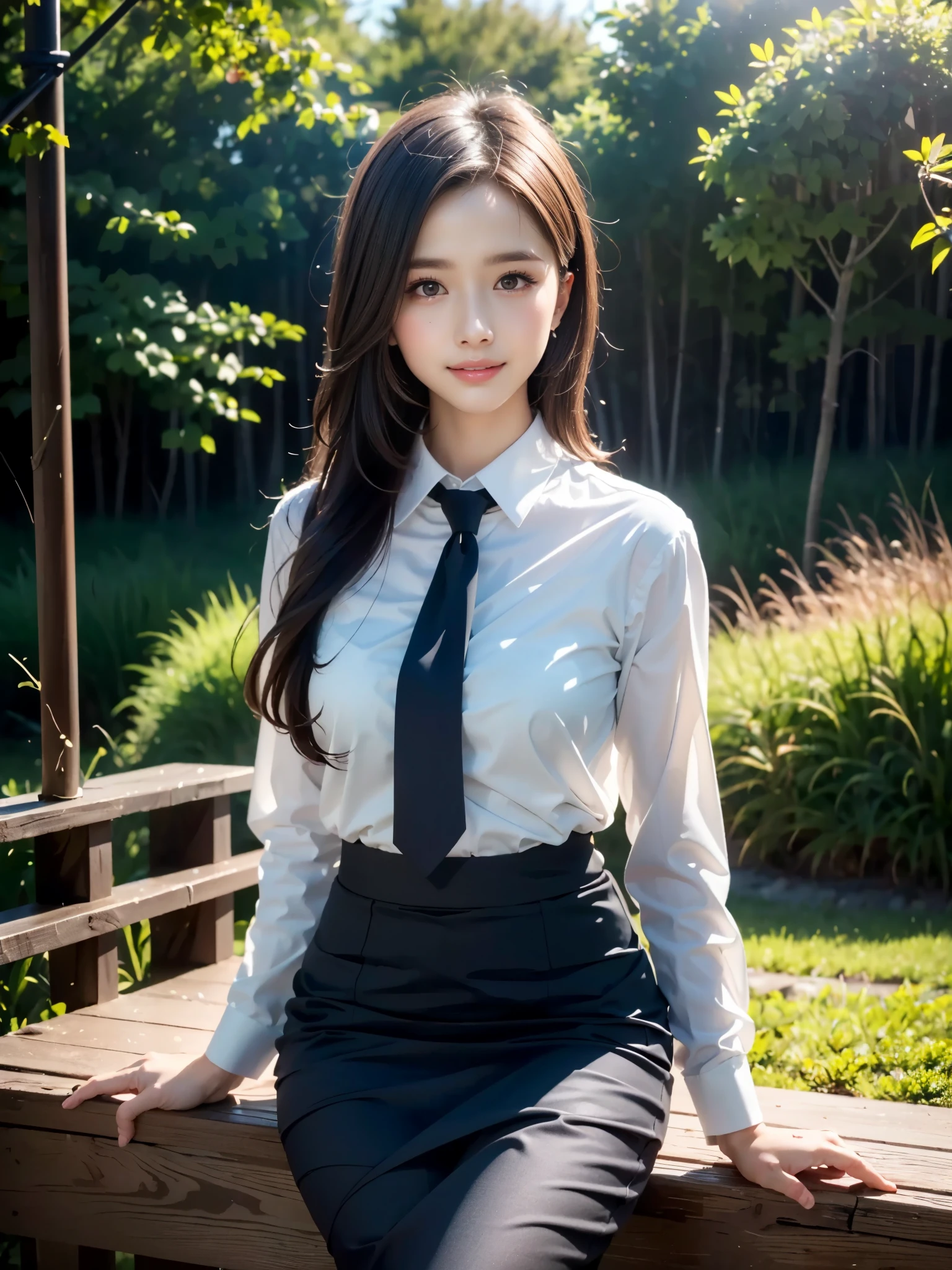 (best quality), (realistic, photo-realistic:1.3), (masterpiece:1.3), CG, unity, 32k, amazing, finely detail, ultra-detailed, highres, absurdres, ((ultra-detailed)), ((highly detailed CG illustration)), ((an extremely delicate and beautiful)), (cute delicate face), cinematic light, (1girl), solo, face focus, petals, night background, fireflies, light particle, Beautiful Woman, 25 years old, small breasts:1.3, Slender Figure: 1.1, Dark Brown Hair, (Sitting on the Stairs, outdoor), (business-suit and black pencil skirt:1.4), Ultra Detailed-stairs Face, Detailed Lips, Detailed Eyes, Symmetrical eyes, High ponytail hair, blue Necktie, Japanese idol:1.3, (blush, smile), portrait:1.3, sharp focus photo:1.3
