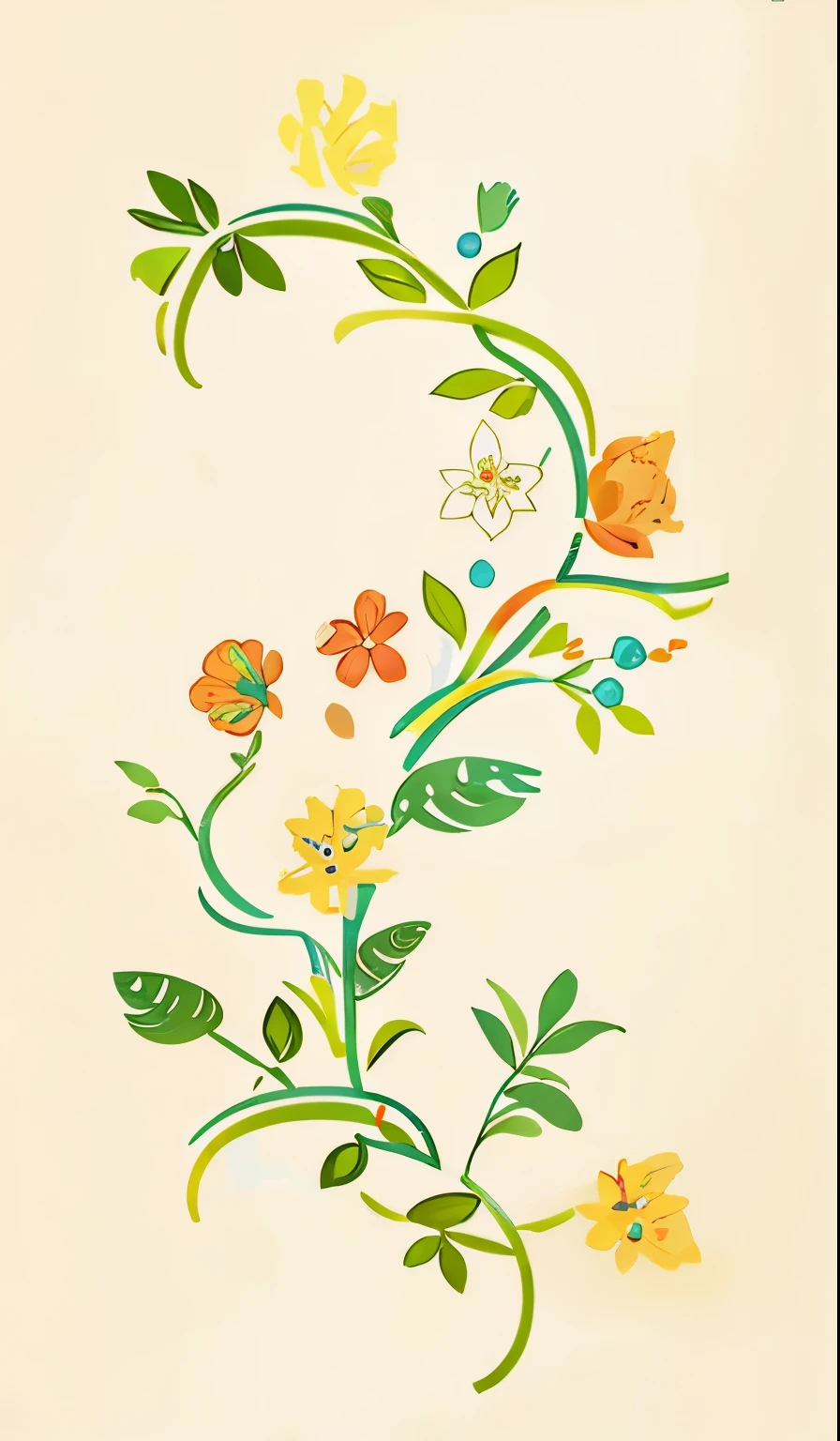 Slightly retro color,flat,,rice print style,illustration,Lovely,leave blank,low saturation,many flowers,Individually arranged,leaf,branch,printing, a sticker,random distribution,Lovely风格, color guide,graphic design,Carpet pattern,(solid color background)
