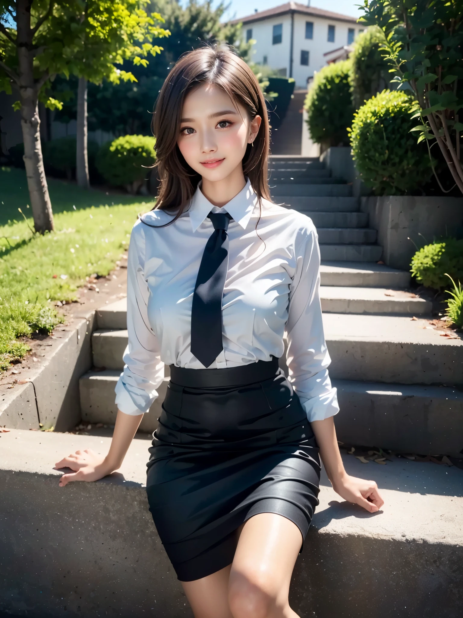 (best quality), (realistic, photo-realistic:1.3), (masterpiece:1.3), CG, unity, 32k, amazing, finely detail, ultra-detailed, highres, absurdres, ((ultra-detailed)), ((highly detailed CG illustration)), ((an extremely delicate and beautiful)), (cute delicate face), cinematic light, (1girl), solo, face focus, petals, night background, fireflies, light particle, Beautiful Woman, 25 years old, small :1.3, tanned skin, tanned, dark skin, tanned body, Beautiful medium breastsvage, Slenre, Dark Brown Hair, (Sitting on the Stairs in the street),  (business-suit and black pencil skirt:1.4), Ultra Detailed-stairs Face, Detailed Lips, Detailed Eyes, Symmetrical eyes, High ponytail hair, blue Necktie, Japanese idol:1.3, (blush, smile), portrait:1.3, sharp focus photo:1.3