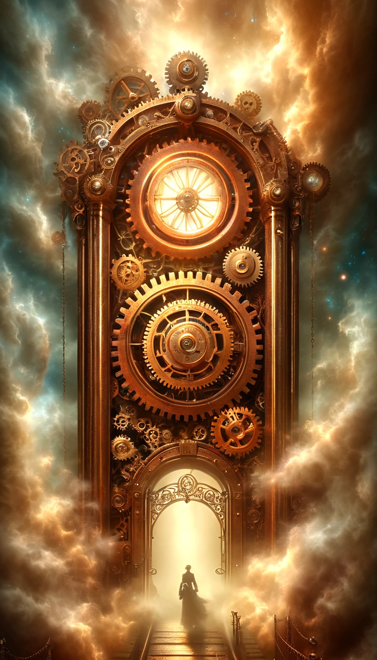 (Steam Punk gate), Forgotten Gateway of Time and Space composed of a myriad of intricate, vintage gears, celestial sphere, coppery glow, ornate gears, Sky, fog, cloud, adorned with delicate filigree, Wisps of steam rise from the celestial machinery, ethereal atmosphere, ultra realistic illustration, masterpiece, best quality
