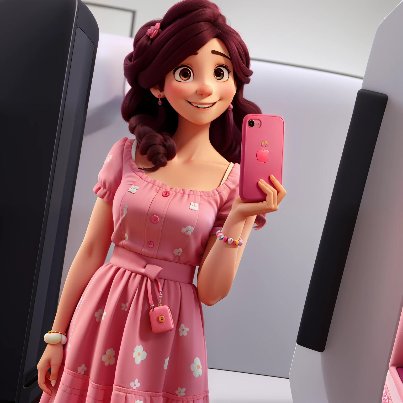 A happy woman holding a pink phone in her left hand, com um vestido rosa pink e folhas brancas, cabelo cacheado com muitos cachos preto curto, sorriso marcante olhos escuros pequenos, sem brincos