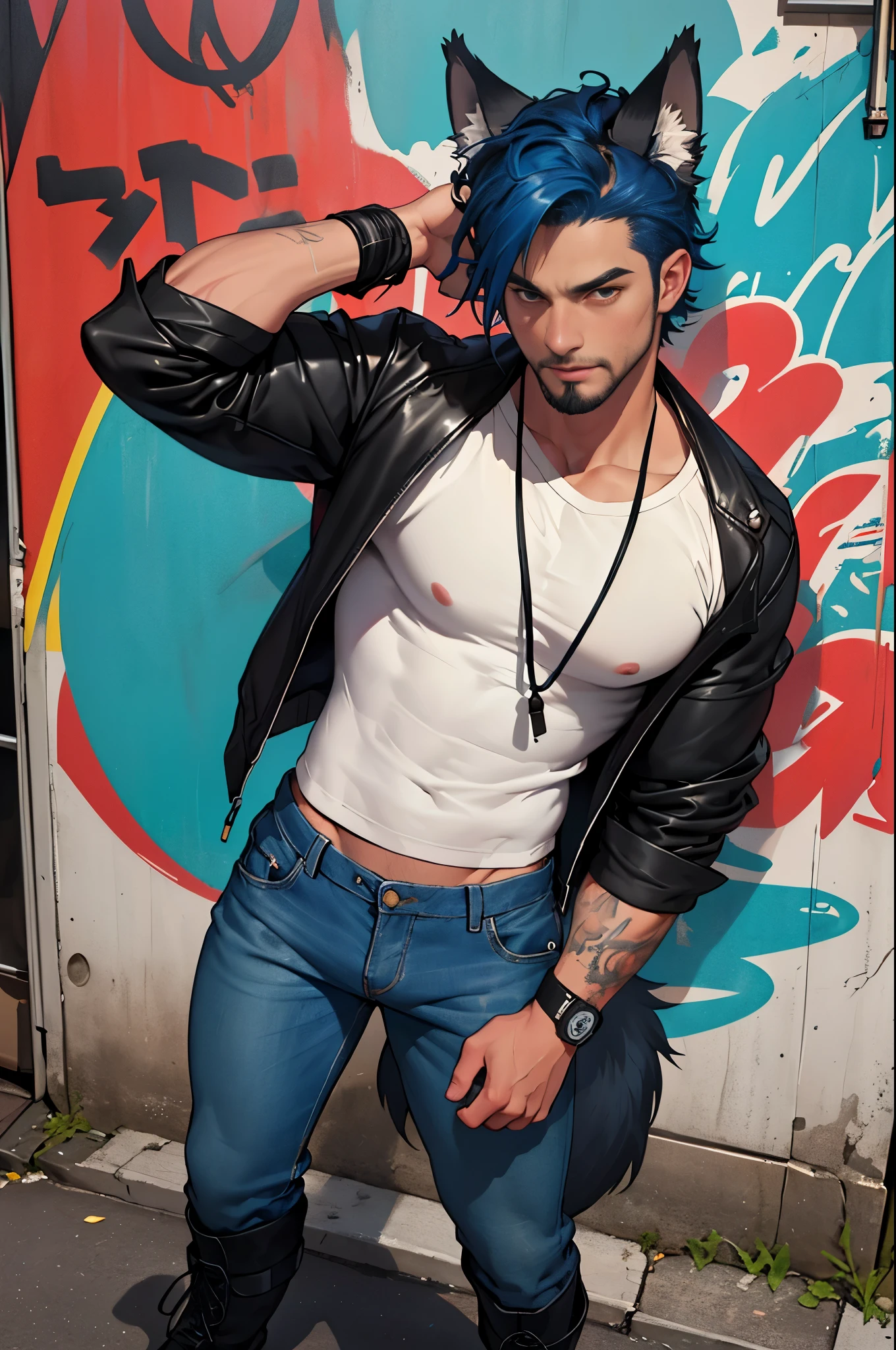 skateboarder punk boy ((wearing big boots)), full body shot, viewed from above, highly detailed face, leaning back, sweating, masculine with short beard, body hair, ((dark tanned skin)), bulge, short cropped blue hair, ((has wolf ears)), ((has wolf tail)), smoky grunge punk graffiti, wearing ((skintight denim)) pants, ((unbuttoned pants)), sagging low on his hips, ((he is solo, he is alone)), has detailed eyes, covered in ((bright blue tattoos)), wearing bandana and leather wrist bands, wearing fingerless gloves, muscular thighs, shirtless
