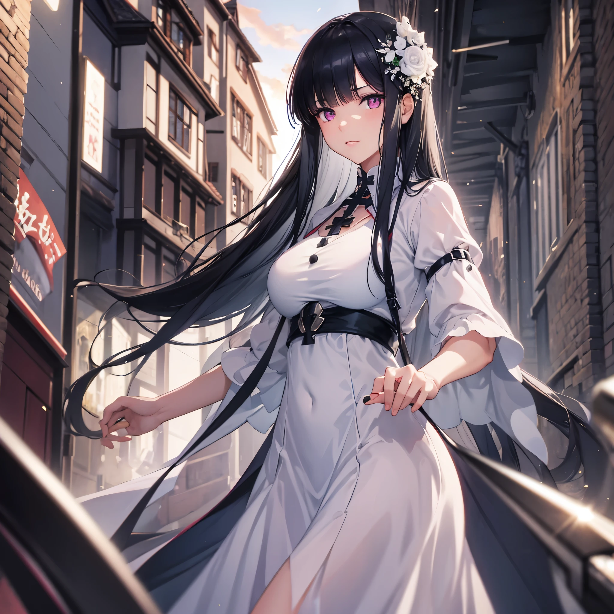 a woman in sophisticated white clothing, black hair, purple eyes in a German city
