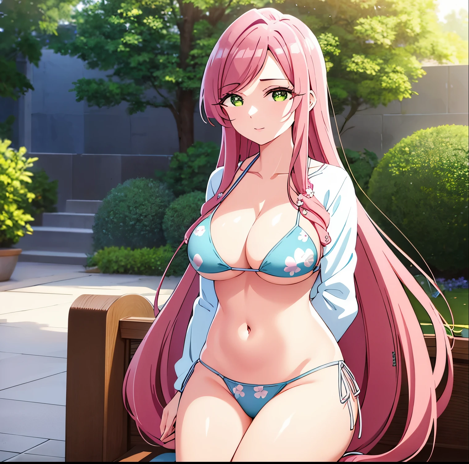 1girl, alone,hahari hanazono, long hair, bangs, (green eyes:1.2), pink hair, flower, hair flower, smile, (bikini:1.5), outdoors, beach, looking at viewer, (masterpiece:1.2), best quality, high resolution, unity 8k wallpaper, (illustration:0.8), green eyes,(beautiful detailed eyes:1.6), extremely detailed face, perfect lighting, extremely detailed CG, (perfect hands, perfect anatomy),large breasts, medium waist, wide hips, medium thighs