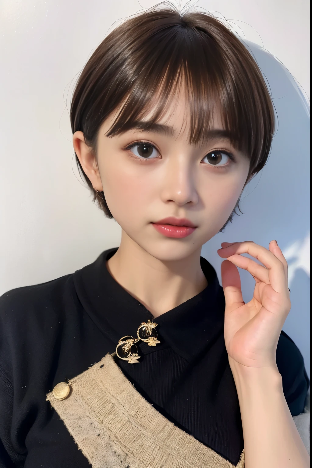 ((top-quality)),(masterpiece:1.4),Raw photography,8K,((Top image quality)), ((Top resolution)),Beautiful face in every detail,Very detailed,Gentle expression,(One lady:1.3 ),realisitic,photo realisitic,(Bery short hair:1.4),(Beautuful Women),(cute Japanese girls:1.3),(mannish),((Pretty Woman)),(Beautiful hair),((dark brown hair)),(((Red cheeks))),((Her eyes are big)),20-year-old beauty,(her face is small:1.7),small head,((long neck)),pale skin,Spot-free skin,With bangs,Everyone longs for,Japanese Beautuful Women,(eight heads tall),gothic ta