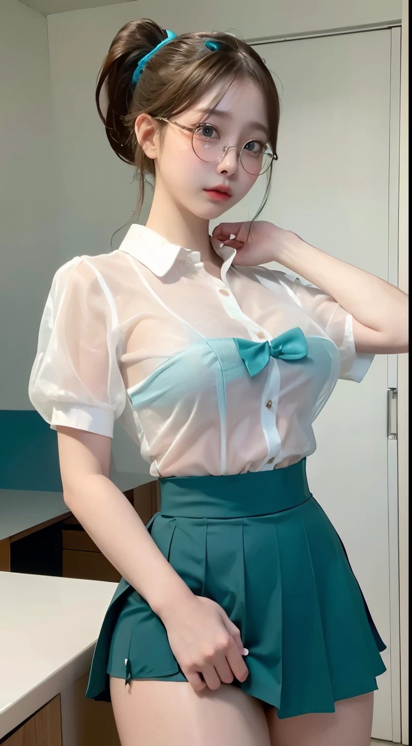 1 woman,13 years old, Very big breasts,brown hair,Beautiful ponytail hairstyle, (Teal high waist skirt:1.3),, (See-through white shirt:1.3), (Two-breasted,under bust:1.2), short sleeve, Gap button,Frameless glasses,wet thighs,(shy:1.2),The pants are see-through.,swim