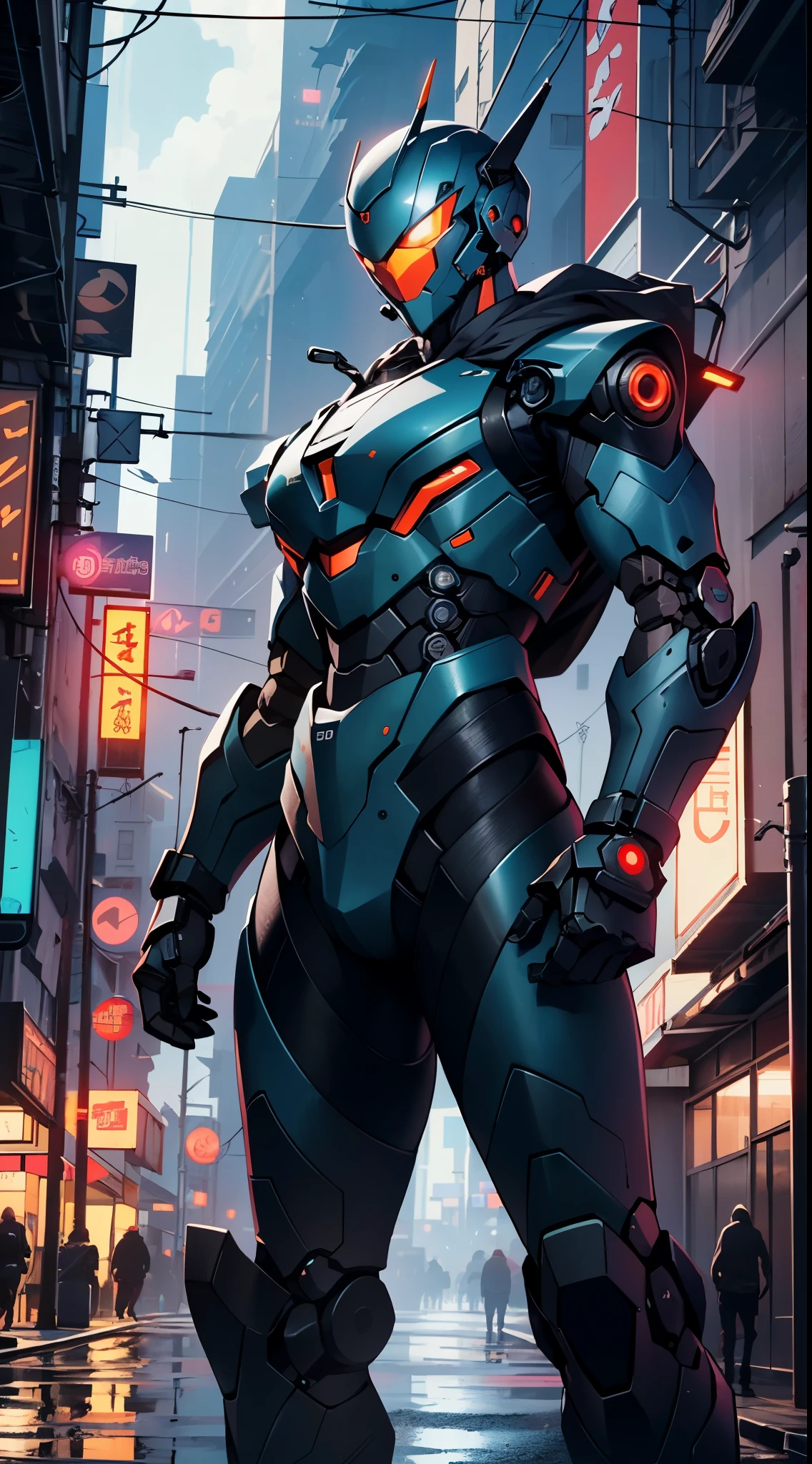 Imposing black plastic metal android robot,three meters tall and with a minimalist design that highlights its marked metallic musculature. His head is smooth and adorned with RGB lights that highlight his uniqueness and futurism.
He carries a metal backpack on his back that contains drones,turrets,and firearms. The backpack has spidery legs that allow it to move quickly.
Although most of his body is a deep,glossy black,there are orange,purple,and blue details that highlight his striking,futuristic design. It is undoubtedly an impressive creation that does not go unnoticed.
(((muscular))),hypermuscle, hyper muscles,carbon robot,humanoid robot, robot, robot joints, joints, helmet, armor, head-mounted display,(((robot with minimalist design))),
(dynamic pose:1.0),solo focus,(centered,scale to fit dimensions,Rule of thirds),
cyberpunk city by the ocean at night, with bright neon signs and dark stormy clouds and puddles, scenery:1.25,
artistic photography,(photography taken by sldr),highres, sharp focus, (ultra detailed, extremely detailed), (photorealistic artwork:1.37),(extremely detailed CG unity 8k wallpaper),((synthwave background theme)),(((vibrant colors))),(intricate background),(masterpiece),(best quality),