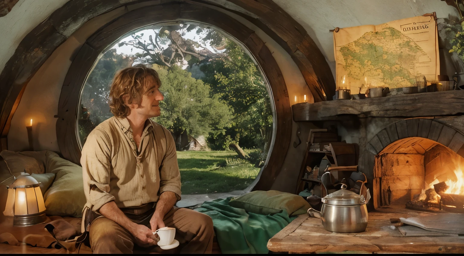 bilbo seated in is bed holding a coffee mug, hobbit house, looking for an old the shire map in wall, theres a fireplace in ambience, a wooden table with an old iron kettle. Outside are a greeny fields with trees, and a iced mountain back