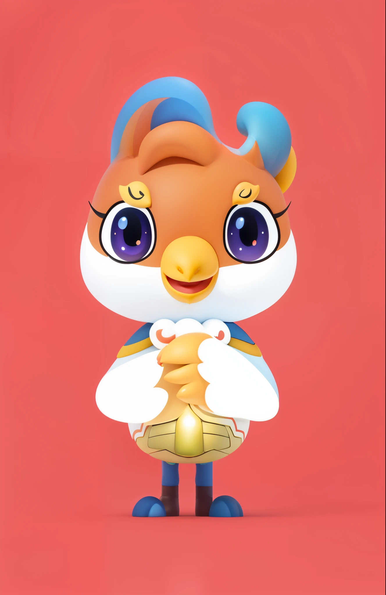 (best quality),(masterpiece),high details,extremely_detailed_CG_unity_8k_wallpaper, solo,Cartoon illustration of a bird wearing a blue hat and a red tail, 3D,expansion,simple background, open mouth, purple eyes, standing, full body, own hands together, looking at viewer, cartoon character, Official character illustrations, elf character,,super detailed,lovely,absurdres,Inspired by Puhua, birb, royal bird, Anthropomorphic chicken, marco the phoenix, anthropomorphic bird, mascot illustration, cartoon character, Fox fairy holding a torch, magic frozen ice phoenix egg, Chicken Feather Armor, merge characters, inspired by trees