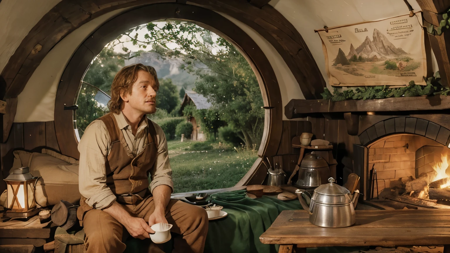 bilbo seated in is bed holding a coffee mug, hobbit house, looking for an old the shire map in wall, theres a fireplace in ambience, a wooden table with an old iron kettle. Outside are a greeny fields with trees, and a iced mountain back