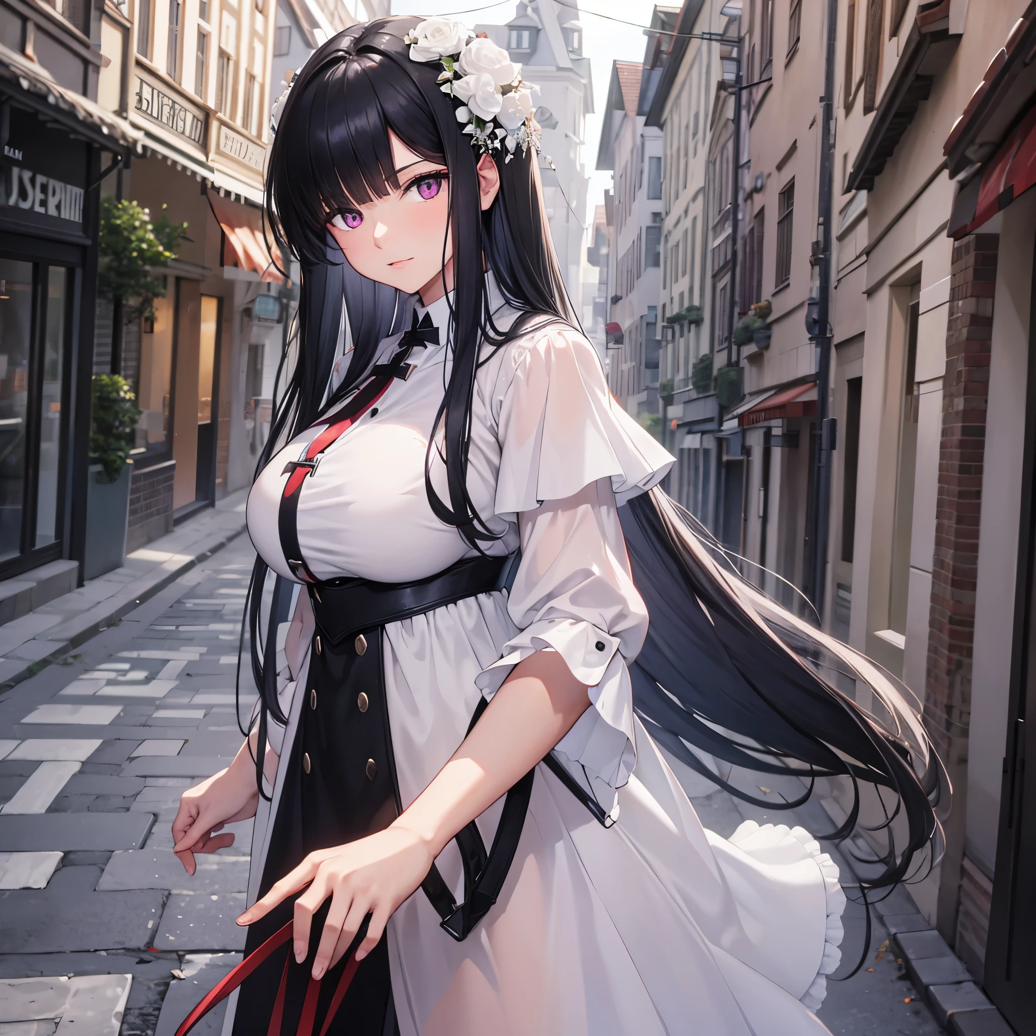 a woman in sophisticated white clothing, black hair, purple eyes in a German city
