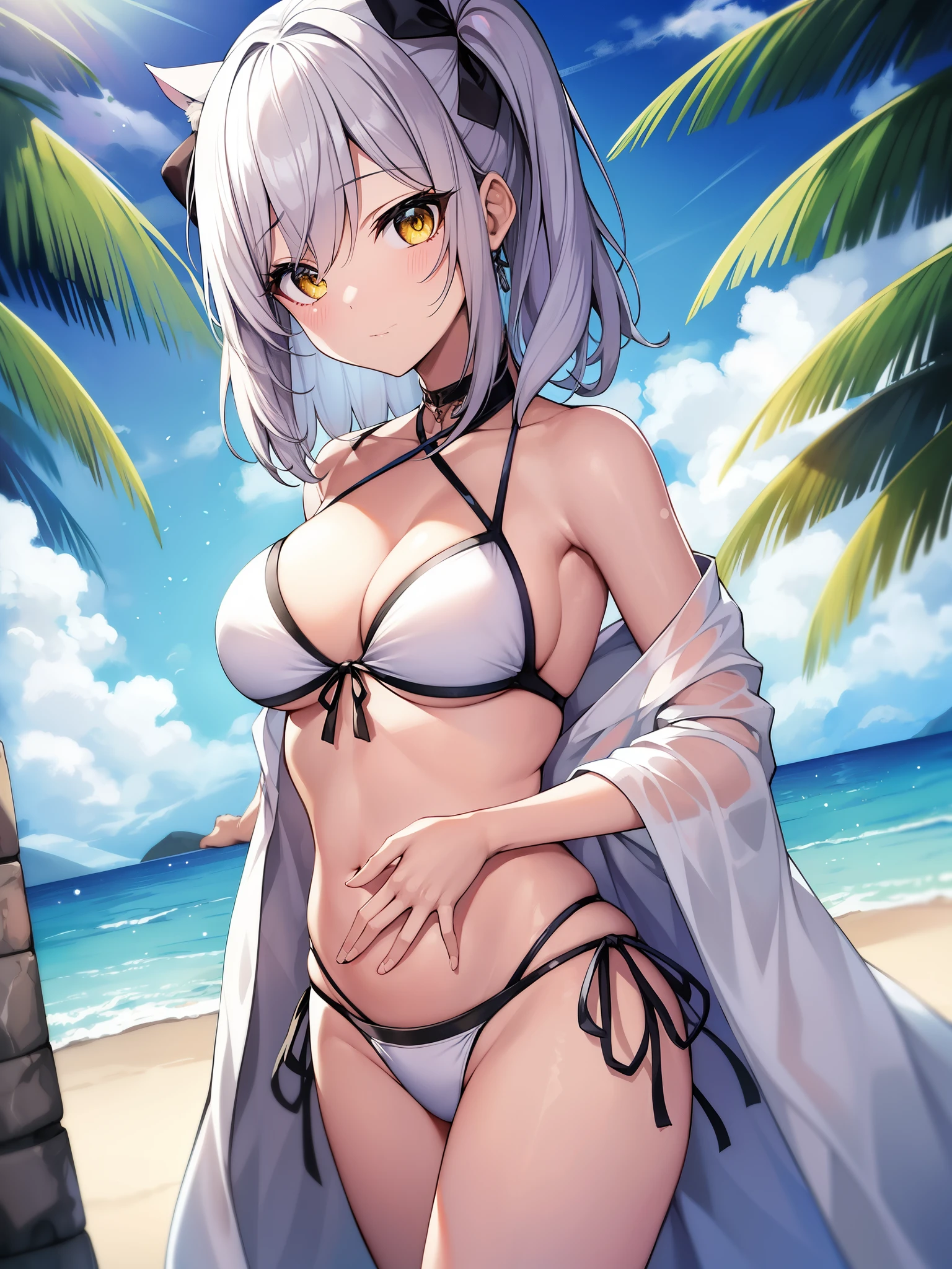 masterpiece、highest quality、outdoor、cosme eyes、eyelash、yellow eyes、sheffield def、1 girl、solo、look at viewer、Upper body、rib cage、skinny、hip bones、stomach、from below、put your hand on your waist、bikini、bikiniトップのみ、横-ネクタイボトム、白、