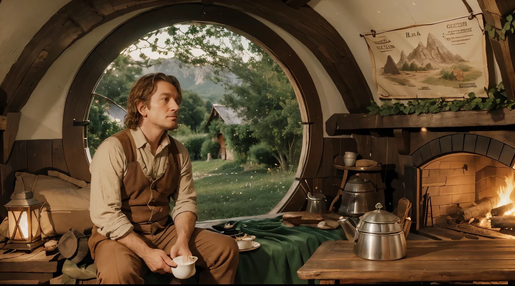 bilbo seated in is bed holding a coffee mug, hobbit house, looking for an old the shire map in wall, theres a fireplace in ambience, a wooden table with an old iron kettle. Outside are a greeny fields with trees, and a iced mountain back