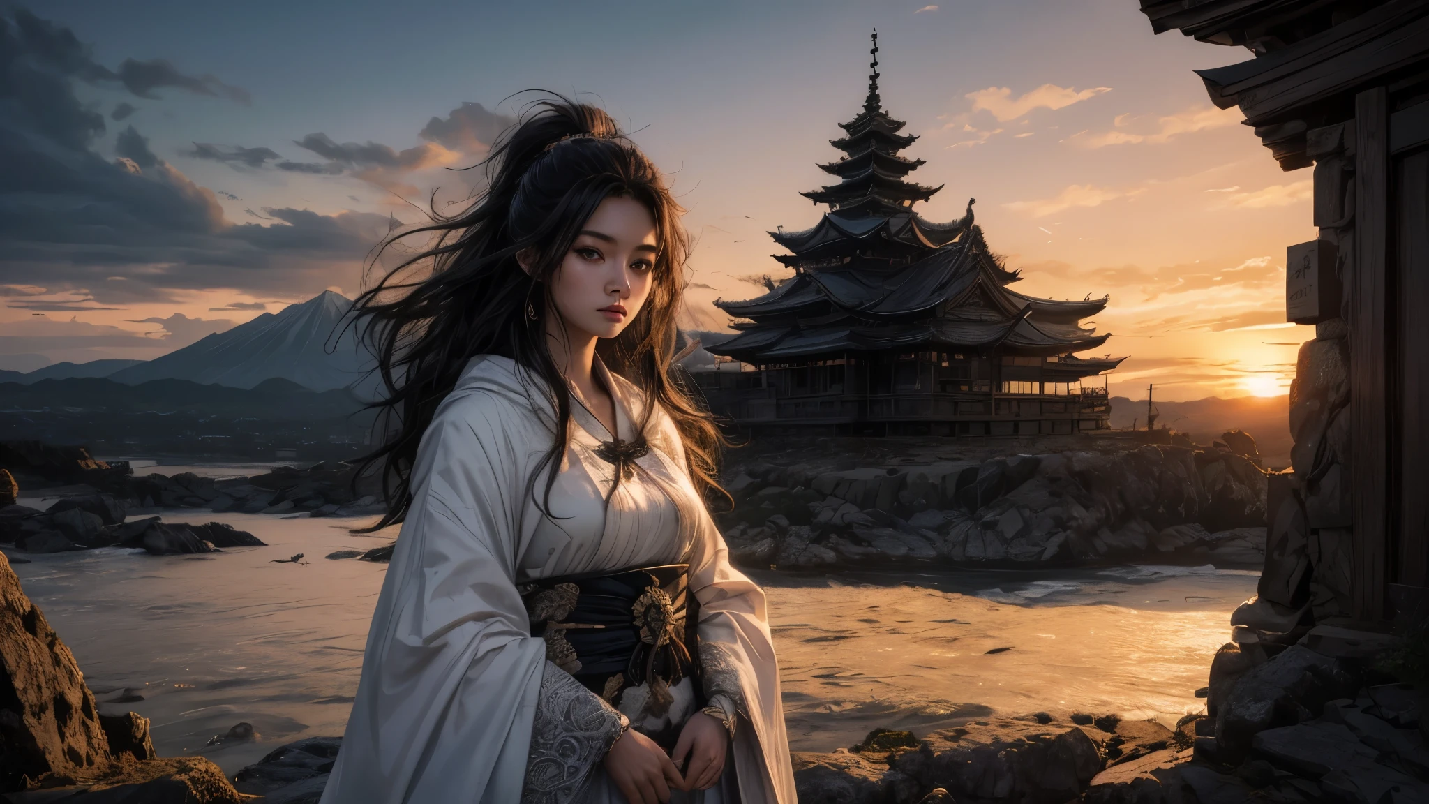 Uma garota japonesa linda em frente um templo, her hair is big and messy, She is dressed in a large white and black cloak full of details, time is sunset, the scenery is beautiful and very detailed, wallpaper 8k