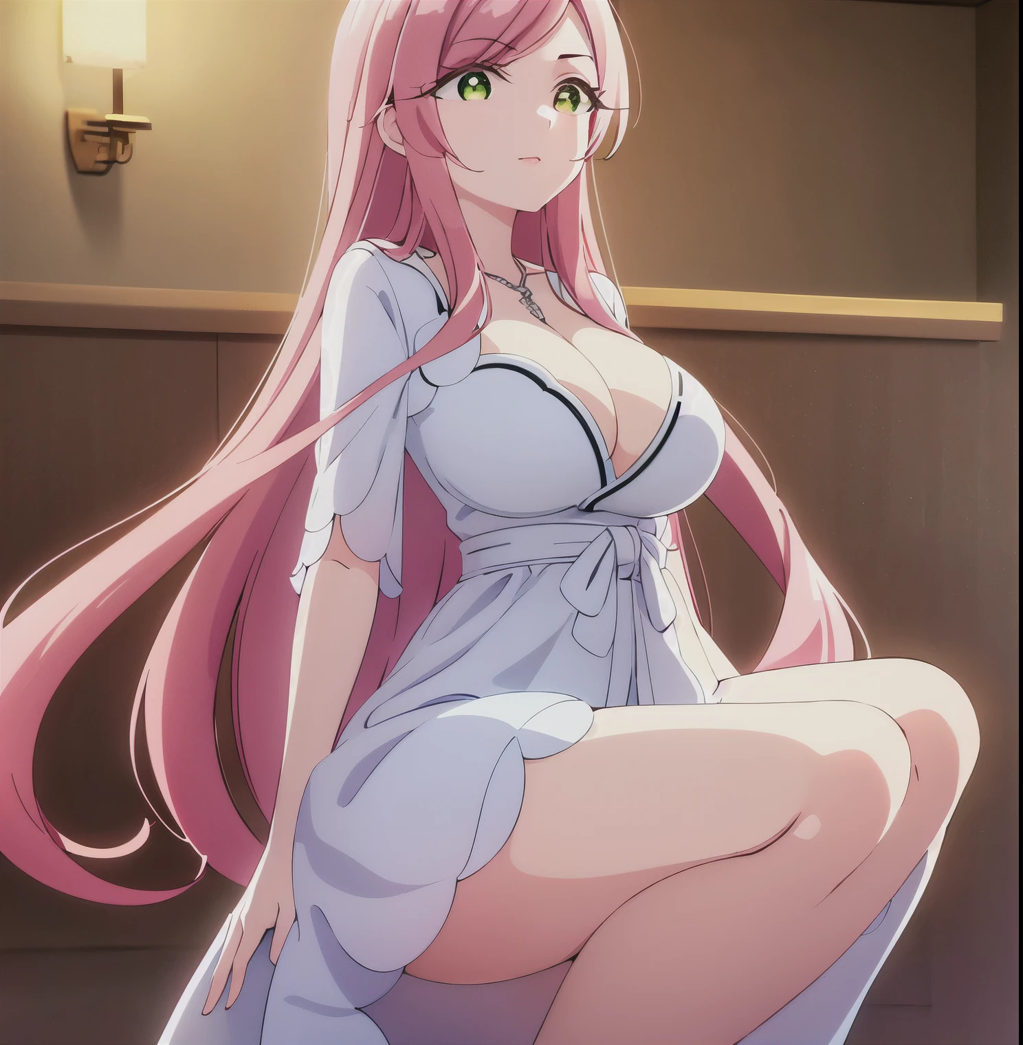 1girl, alone,hahari hanazono, long hair, bangs, (green eyes:1.2), pink hair, flower, hair flower, smile, green eyes,dress, cleavage, jewelry, necklace, white dress, indoors, bed, looking at viewer, (masterpiece:1.2), best quality, high resolution, unity 8k wallpaper, (illustration:0.8), (beautiful detailed eyes:1.6), extremely detailed face, perfect lighting, extremely detailed CG, (perfect hands, perfect anatomy),large breasts, medium waist, wide hips, medium thighs