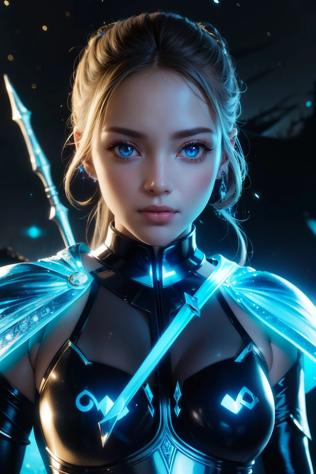 Waist up (perspective angle from bottom to top) fantasy valkyrie girl in tight glowing & super detailed ornad armor with hero galaxy glowing cape, sharp focus, UHD, (masterpiece), best quality, expressive eyes, perfect face, cinematic illumination, midnight aura, 4k