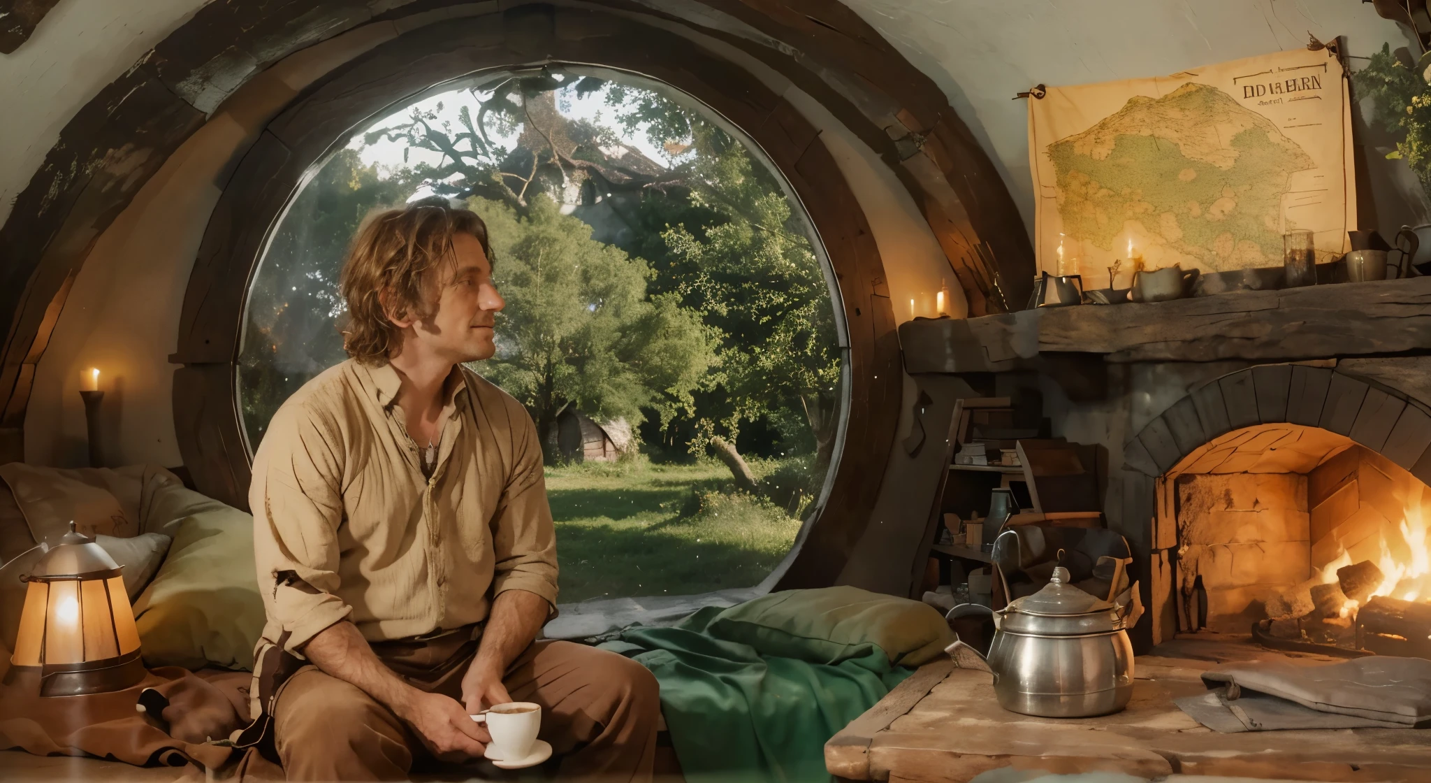 bilbo seated in is bed holding a coffee mug, hobbit house, looking for an old the shire map in wall, theres a fireplace in ambience, a wooden table with an old iron kettle. Outside are a greeny fields with trees, and a iced mountain back