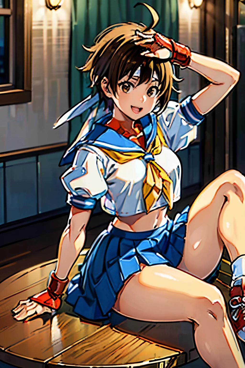 1girl solo,  kasugano sakura, brown eyes, brown hair, short hair, bangs, Ahoge, head band, school uniform, puffy sleeves, crop top, yellow neckerchief, blue skirt, fingerless gloves, thighs thighs thighs, white socks, red footwear,finding stance, punching, finding,(table top, highest qualityの, highest quality, beautiful and aesthetic: 1.2), very detailed, more detailed,Proper body proportions,table top,Super high quality output image,High resolution,intricate details,very delicate and beautiful hair,realistic pictures,dream-like,professional lighting,realistic shadow,focus only,
Anime one、（cheerful smile）、（open your mouth）