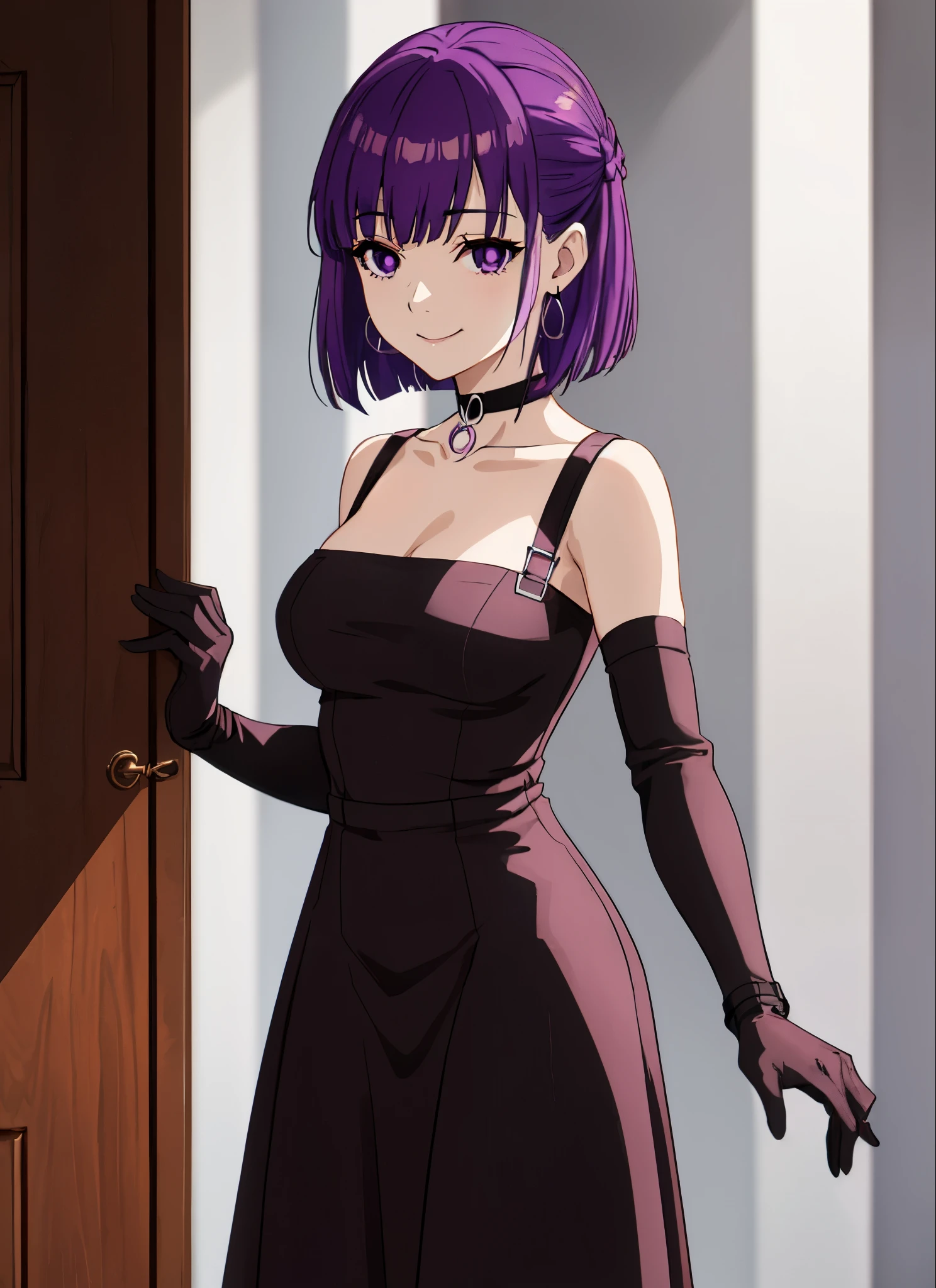 1girl, anime_coloring, purple_eyes, black_gloves, purple_hair, choker, earrings, gloves, jewelry, letterboxed, parody, short_hair, smile, solo, style_parody,  