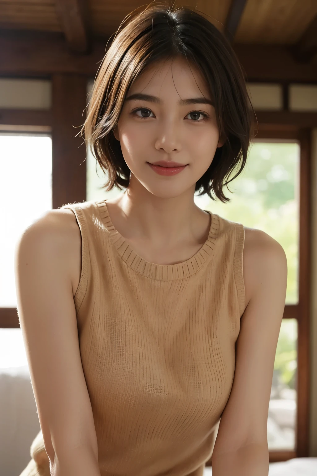 (surreal), (Enlightenment), (high resolution), (8k), (Very detailed), (The best Enlightenmentns), (Beautiful and delicate eyes), (top quality), (Super detailed), (Masterpiece), (wallpaper), (Detailed faces), 18 year old girl,Show beautiful armpits,short or medium hair,Upper body only,Girl in sleeveless sweater, Japanese, 巨big deal山雀, (camel toes)、big breasts、巨big deal山雀、big deal、a smile