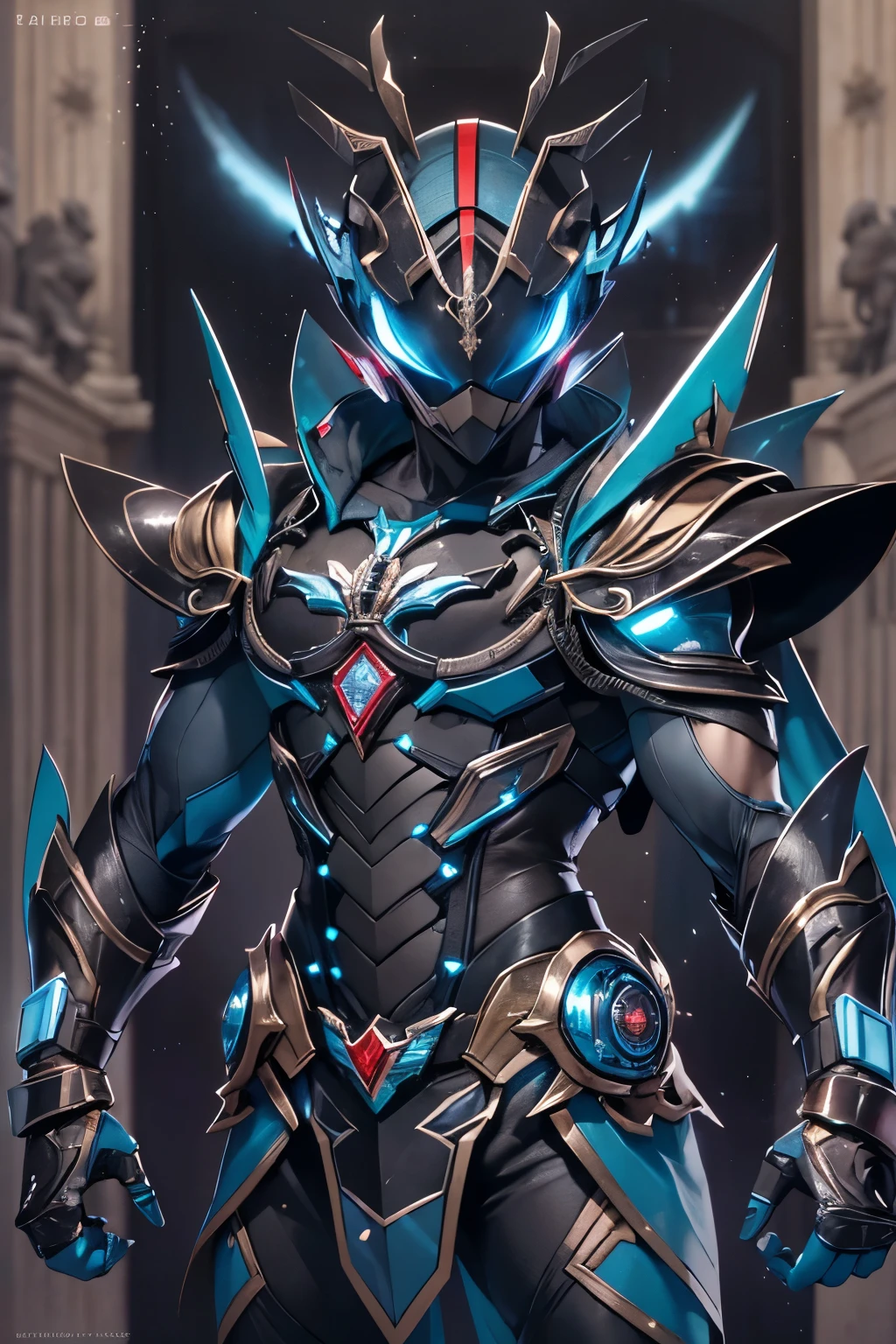 1 dark-skinned Haitian male kamen rider, two-tone black-and-blue jewel encrusted armor, semi-mechanical, partially armor, stagbeetle superhero, athletic build, heavy metal, mechanical marvel, guardian, dark hero, anti hero, bloody pacifist, absurdres, high resolution, ultrasharp, 8k, masterpiece